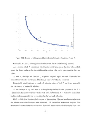 J2
0.2 0.3 0.4 0.5 0.6 0.7 0.8 0.9 1 1.1
J1
0.8
1
1.2
1.4
1.6
1.8
2
2.2
2.4
2.6
A
B
C
Figure 3.12: 2-norm Level diagram of Pareto front of objective functions, J1 and J2
Consider A, B , and C as three points on Pareto front, which have following features:
A is a point in which J2 is minimum but J1 has the worst value among the other values, which
means that the norm of error for sinusoidal input has optimal value but for pulse input has the worst
values.
At point C, although, the value of J1 is optimal for pulse input, the norm of error for the
sinusoidal input has the worst value. Therefore, C is not selected as the best point.
For point B, which is chosen as a trade off point, the values of both J1 and J2 are acceptable
and give us a set of reasonable solutions.
As it is observed in Fig.3.12, point B is the optimal point in which the system with the J1 =
1.22 can track the desired response with the small error. Furthermore, J2 = 0.54 shows an excellent
tracking performance and it can be considered as the best trade-off point.
Fig.3.14-3.18 show the sinusodial response of six actuators. Also, the absolute error between
real motors models and identiﬁed ones are shown. The comparison between the response from
the identiﬁed models and real actuator ones, shows that the maximum absolute error is from sixth
49
 