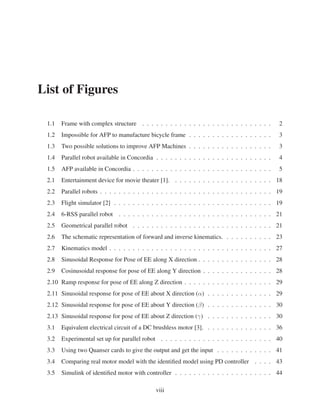 List of Figures
1.1 Frame with complex structure . . . . . . . . . . . . . . . . . . . . . . . . . . . . 2
1.2 Impossible for AFP to manufacture bicycle frame . . . . . . . . . . . . . . . . . . 3
1.3 Two possible solutions to improve AFP Machines . . . . . . . . . . . . . . . . . . 3
1.4 Parallel robot available in Concordia . . . . . . . . . . . . . . . . . . . . . . . . . 4
1.5 AFP available in Concordia . . . . . . . . . . . . . . . . . . . . . . . . . . . . . . 5
2.1 Entertainment device for movie theater [1]. . . . . . . . . . . . . . . . . . . . . . 18
2.2 Parallel robots . . . . . . . . . . . . . . . . . . . . . . . . . . . . . . . . . . . . . 19
2.3 Flight simulator [2] . . . . . . . . . . . . . . . . . . . . . . . . . . . . . . . . . . 19
2.4 6-RSS parallel robot . . . . . . . . . . . . . . . . . . . . . . . . . . . . . . . . . 21
2.5 Geometrical parallel robot . . . . . . . . . . . . . . . . . . . . . . . . . . . . . . 21
2.6 The schematic representation of forward and inverse kinematics. . . . . . . . . . . 23
2.7 Kinematics model . . . . . . . . . . . . . . . . . . . . . . . . . . . . . . . . . . . 27
2.8 Sinusoidal Response for Pose of EE along X direction . . . . . . . . . . . . . . . . 28
2.9 Cosinusoidal response for pose of EE along Y direction . . . . . . . . . . . . . . . 28
2.10 Ramp response for pose of EE along Z direction . . . . . . . . . . . . . . . . . . . 29
2.11 Sinusoidal response for pose of EE about X direction (α) . . . . . . . . . . . . . . 29
2.12 Sinusoidal response for pose of EE about Y direction (β) . . . . . . . . . . . . . . 30
2.13 Sinusoidal response for pose of EE about Z direction (γ) . . . . . . . . . . . . . . 30
3.1 Equivalent electrical circuit of a DC brushless motor [3]. . . . . . . . . . . . . . . 36
3.2 Experimental set up for parallel robot . . . . . . . . . . . . . . . . . . . . . . . . 40
3.3 Using two Quanser cards to give the output and get the input . . . . . . . . . . . . 41
3.4 Comparing real motor model with the identiﬁed model using PD controller . . . . 43
3.5 Simulink of identiﬁed motor with controller . . . . . . . . . . . . . . . . . . . . . 44
viii
 