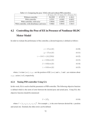 Table 4.3: Comparing the pose’ ITAE with and without PID controllers
X (mm.s2
) Y (mm.s2
) Z (mm.s2
)
Without controller 50.2995 47.5572 4.3611
With controller 4.5251 4.6365 0.4032
With controller, with noise 5.9644 5.6992 4.0743
With controller, with disturbance and noise 5.9882 5.9934 3.5813
4.2 Controlling the Pose of EE in Presence of Nonlinear BLDC
Motor Model
In order to evaluate the performance of the controller, a desired trajectory is deﬁned as follows:
x = 17sin(2t) (4.10)
y = 17cos(2t) (4.11)
z = 118.5 + (0.2/250)t (4.12)
α = 0.02sin(2t) (4.13)
β = 0.02sin(2t) (4.14)
γ = 0.05sin(2t) (4.15)
where, t is time (sec), x, y, z are the position of EE (mm) and α, β and γ are rotations about
x, y, z axises (rad), respectively.
4.2.1 Tuning PID controller Using GA
In this work, GA is used to ﬁnd the parameters of PID controller. The following objective function
is deﬁned which is the norm of error between the desired pose and actual pose. Using GA, this
objective function should be minimized:
J = ||e||2 (4.16)
where e = [ex, ey, ez, eα, eβ, eγ]T
. For example ex is the error between desired the x position
and actual one. Similarly the other errors can be deﬁned.
72
 