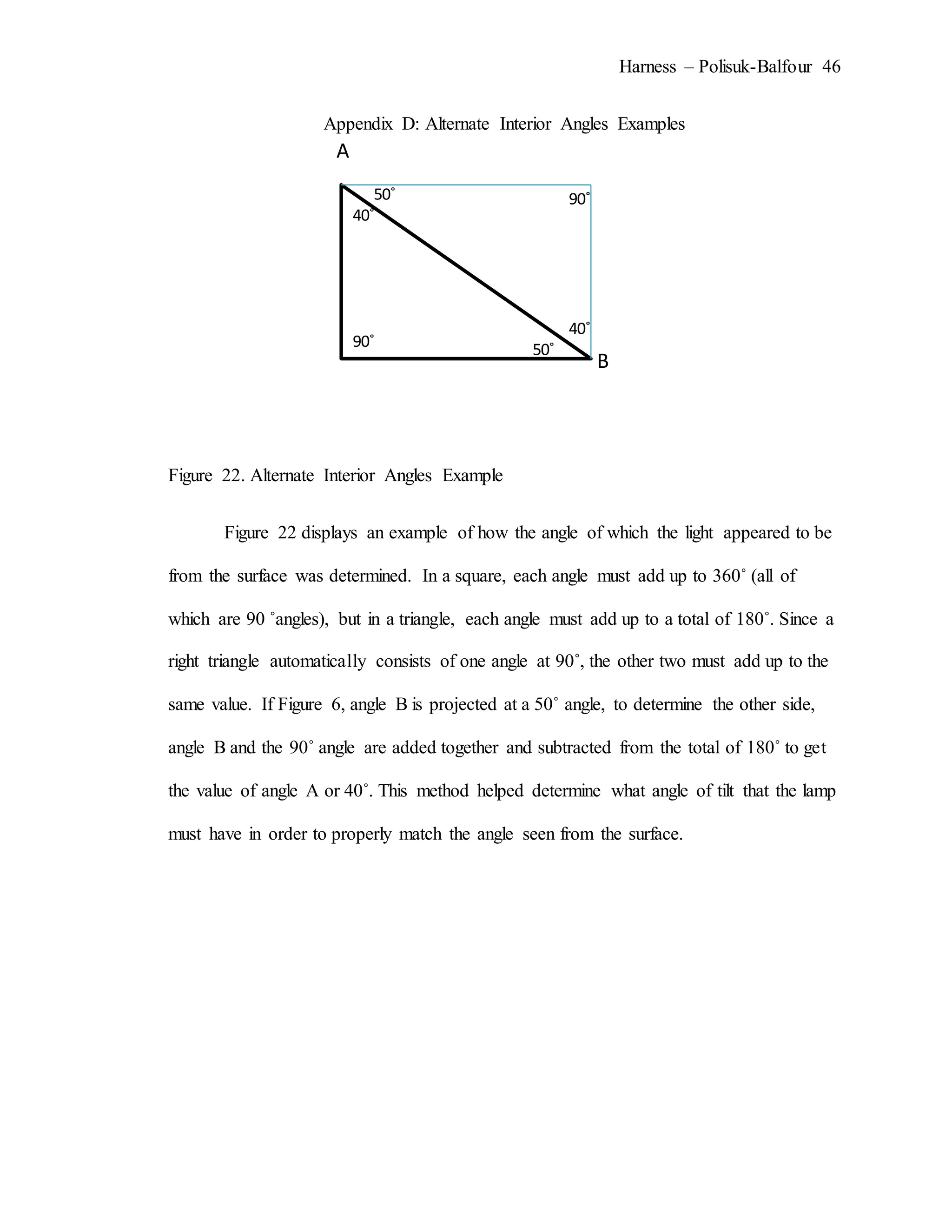 Harness – Polisuk-Balfour 46
Appendix D: Alternate Interior Angles Examples
Figure 22. Alternate Interior Angles Example
Figure 22 displays an example of how the angle of which the light appeared to be
from the surface was determined. In a square, each angle must add up to 360˚ (all of
which are 90 ˚angles), but in a triangle, each angle must add up to a total of 180˚. Since a
right triangle automatically consists of one angle at 90˚, the other two must add up to the
same value. If Figure 6, angle B is projected at a 50˚ angle, to determine the other side,
angle B and the 90˚ angle are added together and subtracted from the total of 180˚ to get
the value of angle A or 40˚. This method helped determine what angle of tilt that the lamp
must have in order to properly match the angle seen from the surface.
A
B
50˚
40˚
40˚
90˚
90˚50˚
 