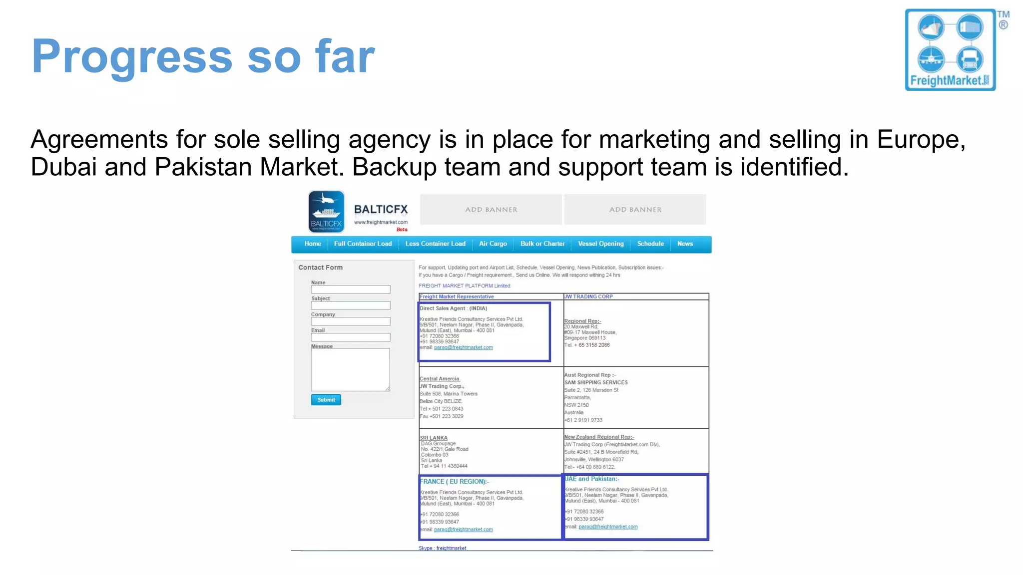 Progress so far
Agreements for sole selling agency is in place for marketing and selling in Europe,
Dubai and Pakistan Market. Backup team and support team is identified.
 