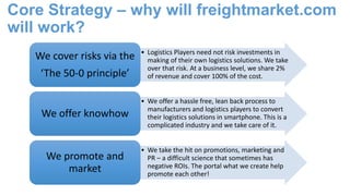 • Logistics Players need not risk investments in
making of their own logistics solutions. We take
over that risk. At a business level, we share 2%
of revenue and cover 100% of the cost.
We cover risks via the
‘The 50-0 principle’
• We offer a hassle free, lean back process to
manufacturers and logistics players to convert
their logistics solutions in smartphone. This is a
complicated industry and we take care of it.
We offer knowhow
• We take the hit on promotions, marketing and
PR – a difficult science that sometimes has
negative ROIs. The portal what we create help
promote each other!
We promote and
market
Core Strategy – why will freightmarket.com
will work?
 