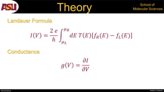 PhD Oral Defense Shobeir K. S. Mazinani
School of
Molecular SciencesTheory
𝐼 𝑉 =
2 𝑒
ℎ 𝜇 𝐿
𝜇 𝑅
𝑑𝐸 𝑇 𝐸 𝑓𝑅(𝐸) − 𝑓𝐿(𝐸)
Landauer Formula
𝑔 𝑉 =
𝜕𝐼
𝜕𝑉
Conductance
 