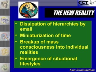 Sam Swaminathan
• Dissipation of hierarchies by
email
• Miniaturization of time
• Breakup of mass
consciousness into individual
realities
• Emergence of situational
lifestyles
THE NEW REALITYTHE NEW REALITY
 