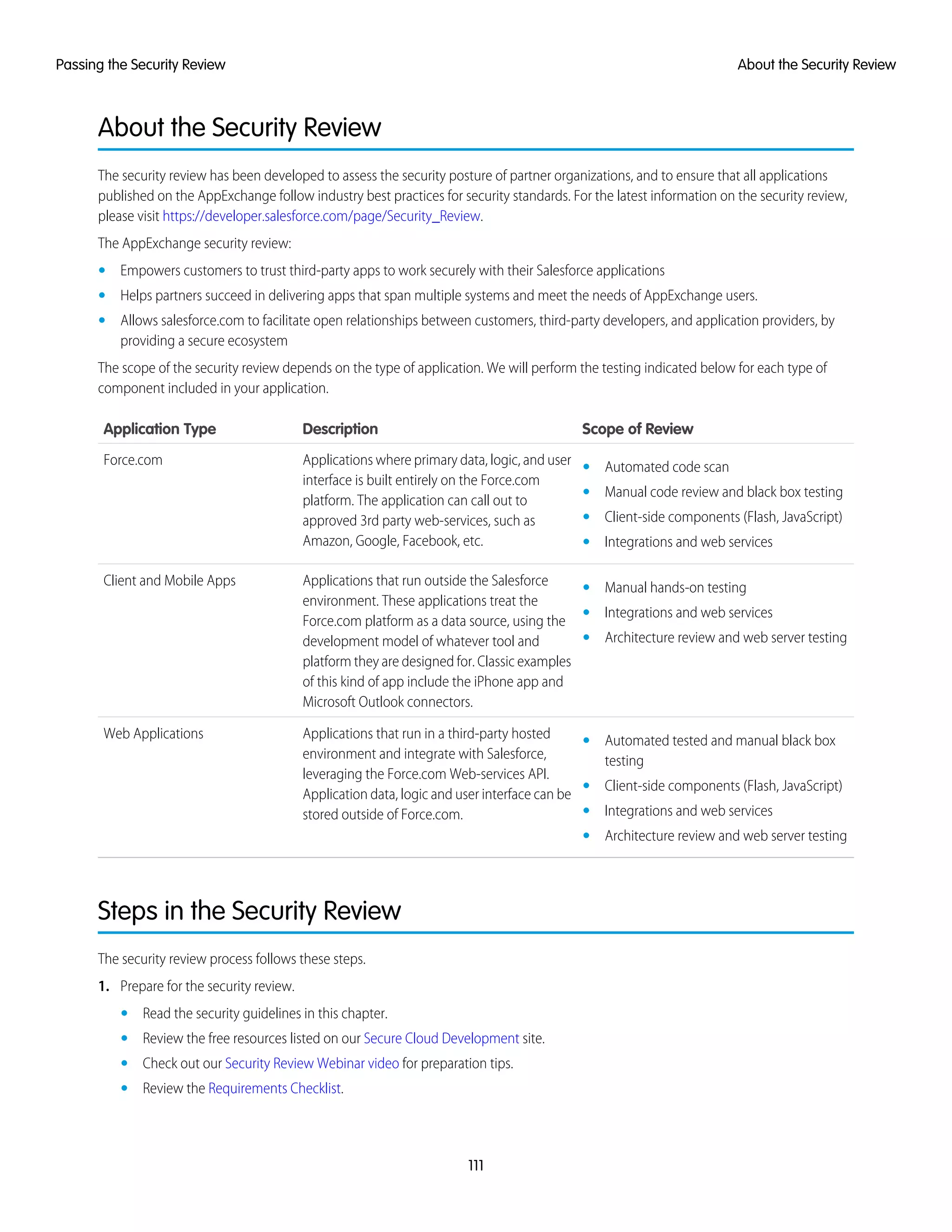 About the Security Review
The security review has been developed to assess the security posture of partner organizations, and to ensure that all applications
published on the AppExchange follow industry best practices for security standards. For the latest information on the security review,
please visit https://developer.salesforce.com/page/Security_Review.
The AppExchange security review:
• Empowers customers to trust third-party apps to work securely with their Salesforce applications
• Helps partners succeed in delivering apps that span multiple systems and meet the needs of AppExchange users.
• Allows salesforce.com to facilitate open relationships between customers, third-party developers, and application providers, by
providing a secure ecosystem
The scope of the security review depends on the type of application. We will perform the testing indicated below for each type of
component included in your application.
Scope of ReviewDescriptionApplication Type
Applications where primary data, logic, and user
interface is built entirely on the Force.com
Force.com • Automated code scan
• Manual code review and black box testing
platform. The application can call out to
• Client-side components (Flash, JavaScript)approved 3rd party web-services, such as
Amazon, Google, Facebook, etc. • Integrations and web services
Applications that run outside the Salesforce
environment. These applications treat the
Client and Mobile Apps • Manual hands-on testing
• Integrations and web services
Force.com platform as a data source, using the
• Architecture review and web server testingdevelopment model of whatever tool and
platform they are designed for. Classic examples
of this kind of app include the iPhone app and
Microsoft Outlook connectors.
Applications that run in a third-party hosted
environment and integrate with Salesforce,
Web Applications • Automated tested and manual black box
testing
leveraging the Force.com Web-services API.
• Client-side components (Flash, JavaScript)
Application data, logic and user interface can be
stored outside of Force.com. • Integrations and web services
• Architecture review and web server testing
Steps in the Security Review
The security review process follows these steps.
1. Prepare for the security review.
• Read the security guidelines in this chapter.
• Review the free resources listed on our Secure Cloud Development site.
• Check out our Security Review Webinar video for preparation tips.
• Review the Requirements Checklist.
111
About the Security ReviewPassing the Security Review
 