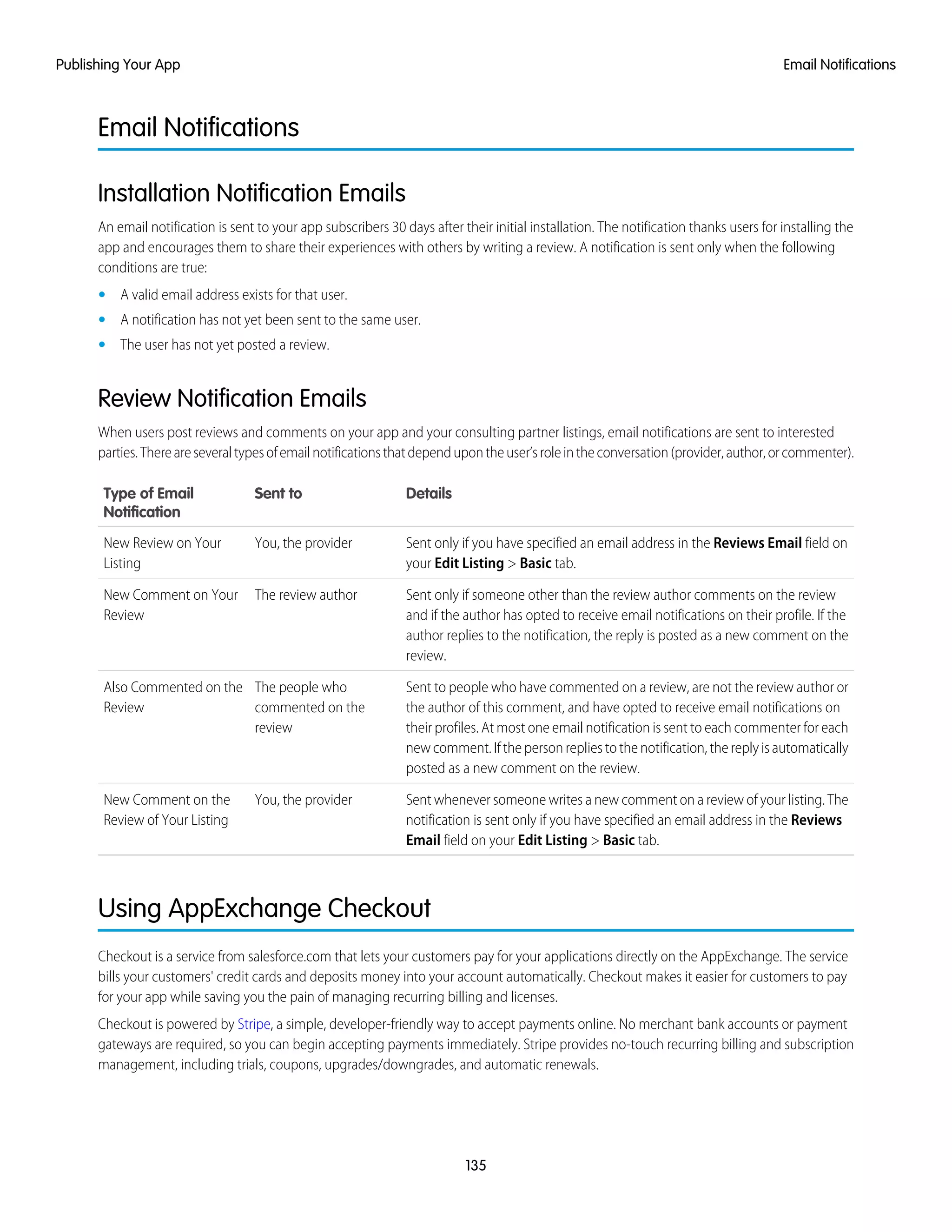 Email Notifications
Installation Notification Emails
An email notification is sent to your app subscribers 30 days after their initial installation. The notification thanks users for installing the
app and encourages them to share their experiences with others by writing a review. A notification is sent only when the following
conditions are true:
• A valid email address exists for that user.
• A notification has not yet been sent to the same user.
• The user has not yet posted a review.
Review Notification Emails
When users post reviews and comments on your app and your consulting partner listings, email notifications are sent to interested
parties.Thereareseveraltypesofemailnotificationsthatdependupontheuser’sroleintheconversation(provider,author,orcommenter).
DetailsSent toType of Email
Notification
Sent only if you have specified an email address in the Reviews Email field on
your Edit Listing > Basic tab.
You, the providerNew Review on Your
Listing
Sent only if someone other than the review author comments on the review
and if the author has opted to receive email notifications on their profile. If the
The review authorNew Comment on Your
Review
author replies to the notification, the reply is posted as a new comment on the
review.
Sent to people who have commented on a review, are not the review author or
the author of this comment, and have opted to receive email notifications on
The people who
commented on the
review
Also Commented on the
Review
their profiles. At most one email notification is sent to each commenter for each
new comment. If the person replies to the notification, the reply is automatically
posted as a new comment on the review.
Sent whenever someone writes a new comment on a review of your listing. The
notification is sent only if you have specified an email address in the Reviews
Email field on your Edit Listing > Basic tab.
You, the providerNew Comment on the
Review of Your Listing
Using AppExchange Checkout
Checkout is a service from salesforce.com that lets your customers pay for your applications directly on the AppExchange. The service
bills your customers' credit cards and deposits money into your account automatically. Checkout makes it easier for customers to pay
for your app while saving you the pain of managing recurring billing and licenses.
Checkout is powered by Stripe, a simple, developer-friendly way to accept payments online. No merchant bank accounts or payment
gateways are required, so you can begin accepting payments immediately. Stripe provides no-touch recurring billing and subscription
management, including trials, coupons, upgrades/downgrades, and automatic renewals.
135
Email NotificationsPublishing Your App
 