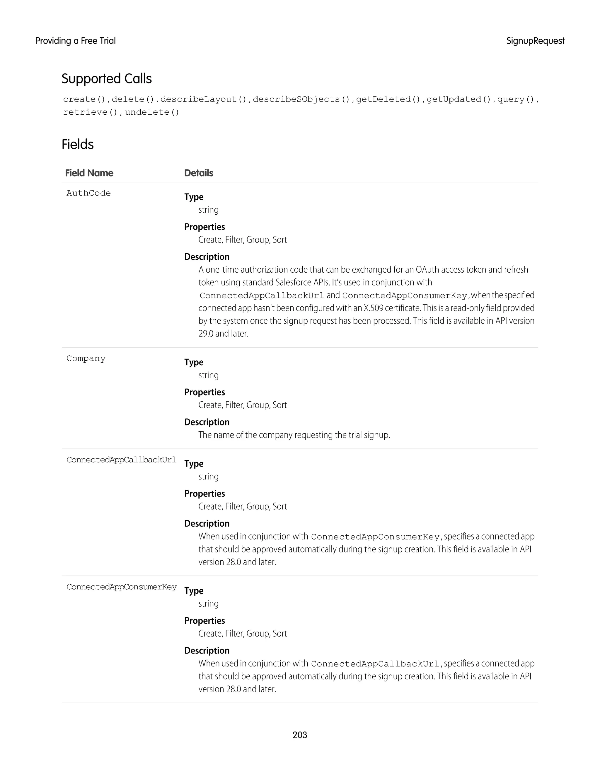 Supported Calls
create(), delete(), describeLayout(), describeSObjects(), getDeleted(), getUpdated(), query(),
retrieve(), undelete()
Fields
DetailsField Name
Type
string
AuthCode
Properties
Create, Filter, Group, Sort
Description
A one-time authorization code that can be exchanged for an OAuth access token and refresh
token using standard Salesforce APIs. It’s used in conjunction with
ConnectedAppCallbackUrl and ConnectedAppConsumerKey,whenthespecified
connected app hasn't been configured with an X.509 certificate. This is a read-only field provided
by the system once the signup request has been processed. This field is available in API version
29.0 and later.
Type
string
Company
Properties
Create, Filter, Group, Sort
Description
The name of the company requesting the trial signup.
Type
string
ConnectedAppCallbackUrl
Properties
Create, Filter, Group, Sort
Description
Whenusedinconjunctionwith ConnectedAppConsumerKey,specifiesaconnectedapp
that should be approved automatically during the signup creation. This field is available in API
version 28.0 and later.
Type
string
ConnectedAppConsumerKey
Properties
Create, Filter, Group, Sort
Description
Whenusedinconjunctionwith ConnectedAppCallbackUrl,specifiesaconnectedapp
that should be approved automatically during the signup creation. This field is available in API
version 28.0 and later.
203
SignupRequestProviding a Free Trial
 