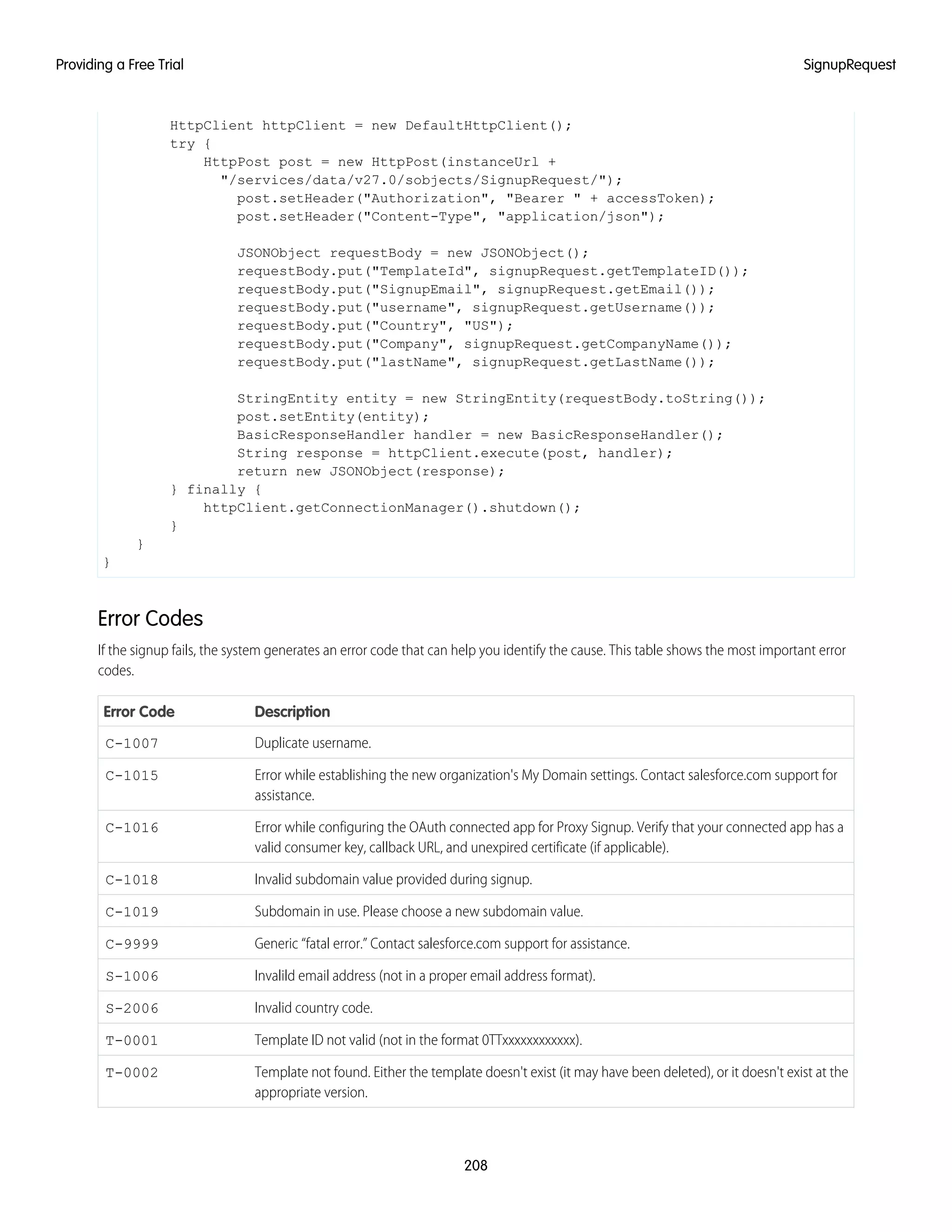 HttpClient httpClient = new DefaultHttpClient();
try {
HttpPost post = new HttpPost(instanceUrl +
"/services/data/v27.0/sobjects/SignupRequest/");
post.setHeader("Authorization", "Bearer " + accessToken);
post.setHeader("Content-Type", "application/json");
JSONObject requestBody = new JSONObject();
requestBody.put("TemplateId", signupRequest.getTemplateID());
requestBody.put("SignupEmail", signupRequest.getEmail());
requestBody.put("username", signupRequest.getUsername());
requestBody.put("Country", "US");
requestBody.put("Company", signupRequest.getCompanyName());
requestBody.put("lastName", signupRequest.getLastName());
StringEntity entity = new StringEntity(requestBody.toString());
post.setEntity(entity);
BasicResponseHandler handler = new BasicResponseHandler();
String response = httpClient.execute(post, handler);
return new JSONObject(response);
} finally {
httpClient.getConnectionManager().shutdown();
}
}
}
Error Codes
If the signup fails, the system generates an error code that can help you identify the cause. This table shows the most important error
codes.
DescriptionError Code
Duplicate username.C-1007
Error while establishing the new organization's My Domain settings. Contact salesforce.com support for
assistance.
C-1015
Error while configuring the OAuth connected app for Proxy Signup. Verify that your connected app has a
valid consumer key, callback URL, and unexpired certificate (if applicable).
C-1016
Invalid subdomain value provided during signup.C-1018
Subdomain in use. Please choose a new subdomain value.C-1019
Generic “fatal error.” Contact salesforce.com support for assistance.C-9999
Invalild email address (not in a proper email address format).S-1006
Invalid country code.S-2006
Template ID not valid (not in the format 0TTxxxxxxxxxxxx).T-0001
Template not found. Either the template doesn't exist (it may have been deleted), or it doesn't exist at the
appropriate version.
T-0002
208
SignupRequestProviding a Free Trial
 