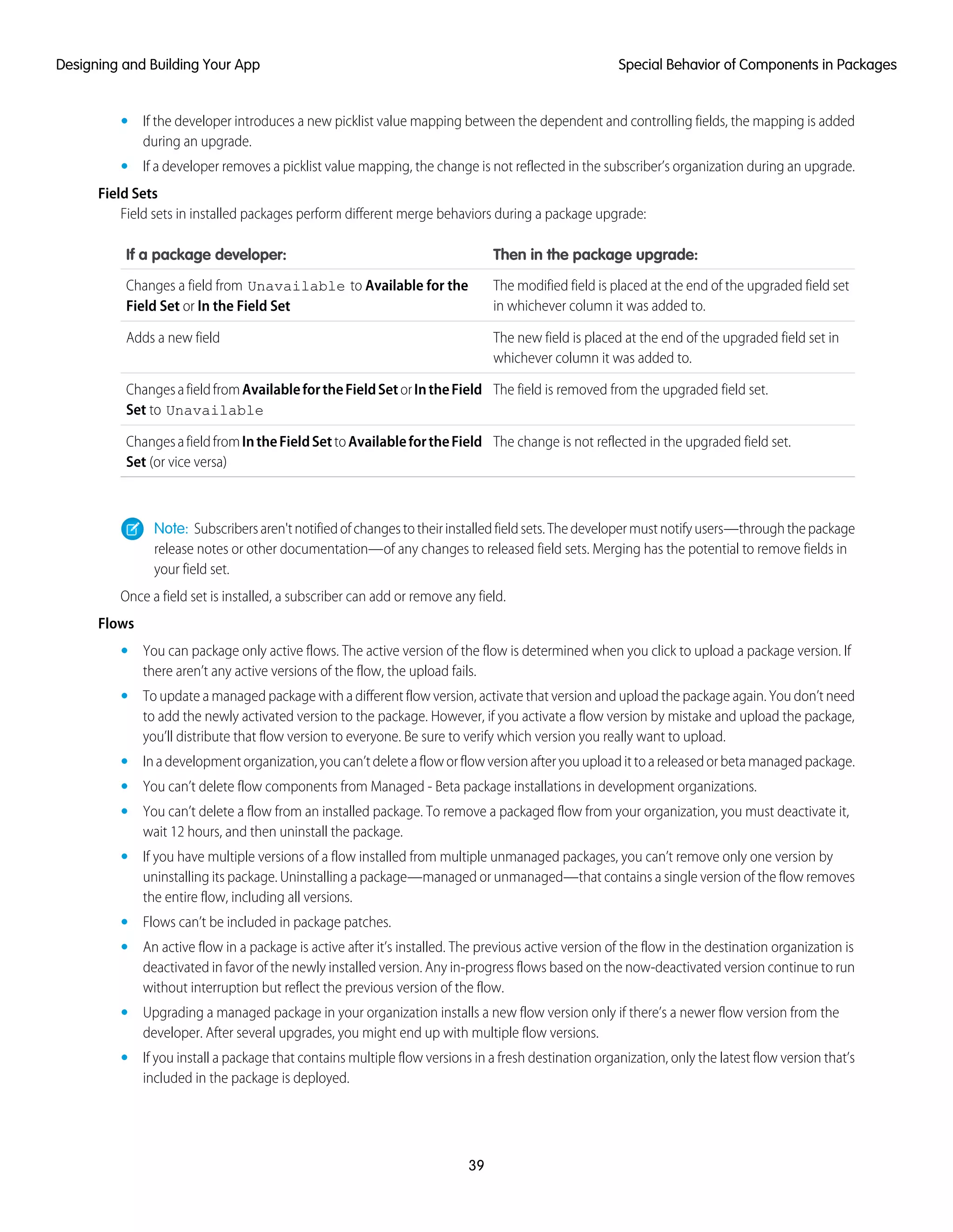 • If the developer introduces a new picklist value mapping between the dependent and controlling fields, the mapping is added
during an upgrade.
• If a developer removes a picklist value mapping, the change is not reflected in the subscriber’s organization during an upgrade.
Field Sets
Field sets in installed packages perform different merge behaviors during a package upgrade:
Then in the package upgrade:If a package developer:
The modified field is placed at the end of the upgraded field set
in whichever column it was added to.
Changes a field from Unavailable to Available for the
Field Set or In the Field Set
The new field is placed at the end of the upgraded field set in
whichever column it was added to.
Adds a new field
The field is removed from the upgraded field set.ChangesafieldfromAvailablefortheFieldSetorIntheField
Set to Unavailable
The change is not reflected in the upgraded field set.ChangesafieldfromIntheFieldSettoAvailablefortheField
Set (or vice versa)
Note: Subscribersaren'tnotifiedofchangestotheirinstalledfieldsets.Thedevelopermustnotifyusers—throughthepackage
release notes or other documentation—of any changes to released field sets. Merging has the potential to remove fields in
your field set.
Once a field set is installed, a subscriber can add or remove any field.
Flows
• You can package only active flows. The active version of the flow is determined when you click to upload a package version. If
there aren’t any active versions of the flow, the upload fails.
• To update a managed package with a different flow version, activate that version and upload the package again. You don’t need
to add the newly activated version to the package. However, if you activate a flow version by mistake and upload the package,
you’ll distribute that flow version to everyone. Be sure to verify which version you really want to upload.
• Inadevelopmentorganization,youcan’tdeleteafloworflowversionafteryouuploadittoareleasedorbetamanagedpackage.
• You can’t delete flow components from Managed - Beta package installations in development organizations.
• You can’t delete a flow from an installed package. To remove a packaged flow from your organization, you must deactivate it,
wait 12 hours, and then uninstall the package.
• If you have multiple versions of a flow installed from multiple unmanaged packages, you can’t remove only one version by
uninstalling its package. Uninstalling a package—managed or unmanaged—that contains a single version of the flow removes
the entire flow, including all versions.
• Flows can’t be included in package patches.
• An active flow in a package is active after it’s installed. The previous active version of the flow in the destination organization is
deactivated in favor of the newly installed version. Any in-progress flows based on the now-deactivated version continue to run
without interruption but reflect the previous version of the flow.
• Upgrading a managed package in your organization installs a new flow version only if there’s a newer flow version from the
developer. After several upgrades, you might end up with multiple flow versions.
• If you install a package that contains multiple flow versions in a fresh destination organization, only the latest flow version that’s
included in the package is deployed.
39
Special Behavior of Components in PackagesDesigning and Building Your App
 