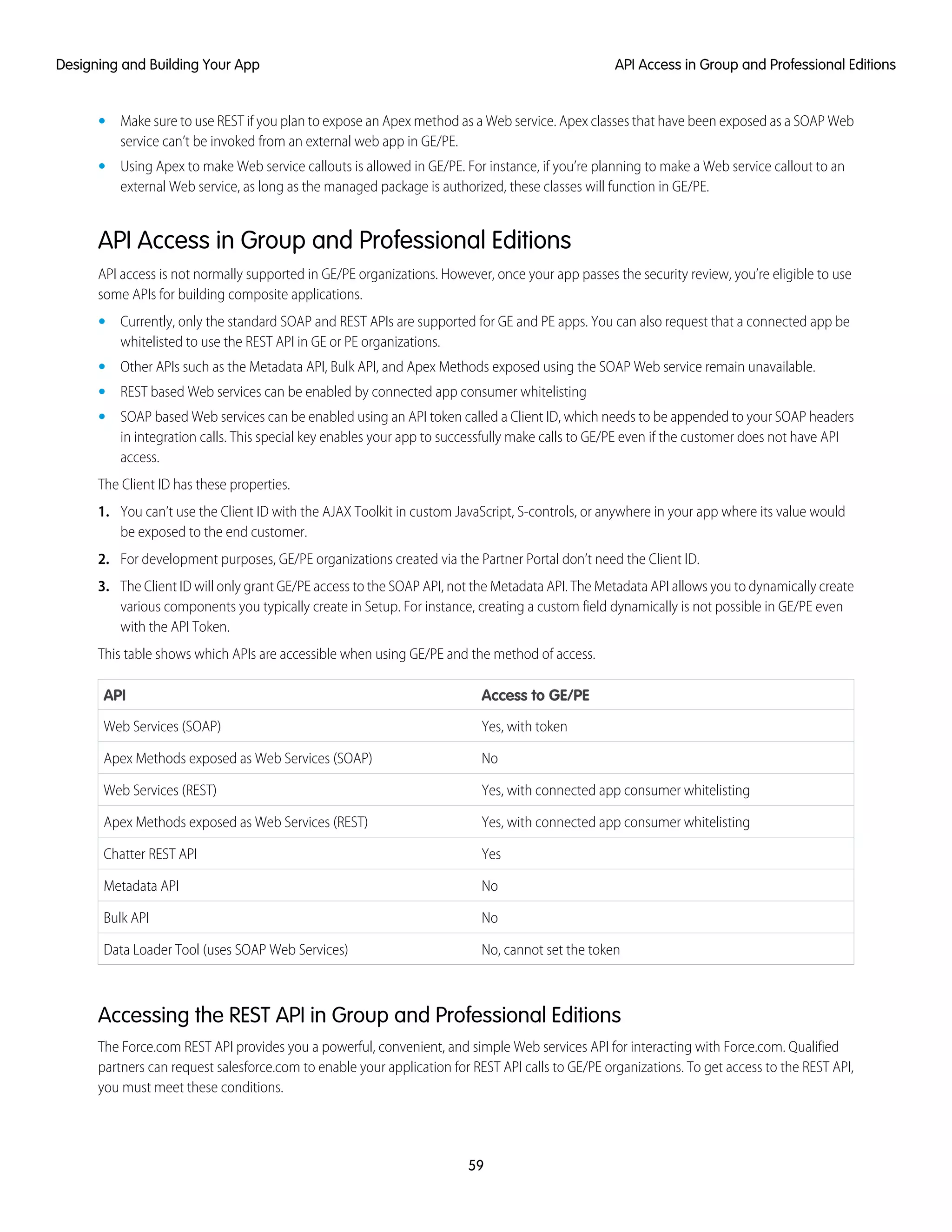 • Make sure to use REST if you plan to expose an Apex method as a Web service. Apex classes that have been exposed as a SOAP Web
service can’t be invoked from an external web app in GE/PE.
• Using Apex to make Web service callouts is allowed in GE/PE. For instance, if you’re planning to make a Web service callout to an
external Web service, as long as the managed package is authorized, these classes will function in GE/PE.
API Access in Group and Professional Editions
API access is not normally supported in GE/PE organizations. However, once your app passes the security review, you’re eligible to use
some APIs for building composite applications.
• Currently, only the standard SOAP and REST APIs are supported for GE and PE apps. You can also request that a connected app be
whitelisted to use the REST API in GE or PE organizations.
• Other APIs such as the Metadata API, Bulk API, and Apex Methods exposed using the SOAP Web service remain unavailable.
• REST based Web services can be enabled by connected app consumer whitelisting
• SOAP based Web services can be enabled using an API token called a Client ID, which needs to be appended to your SOAP headers
in integration calls. This special key enables your app to successfully make calls to GE/PE even if the customer does not have API
access.
The Client ID has these properties.
1. You can’t use the Client ID with the AJAX Toolkit in custom JavaScript, S-controls, or anywhere in your app where its value would
be exposed to the end customer.
2. For development purposes, GE/PE organizations created via the Partner Portal don’t need the Client ID.
3. The Client ID will only grant GE/PE access to the SOAP API, not the Metadata API. The Metadata API allows you to dynamically create
various components you typically create in Setup. For instance, creating a custom field dynamically is not possible in GE/PE even
with the API Token.
This table shows which APIs are accessible when using GE/PE and the method of access.
Access to GE/PEAPI
Yes, with tokenWeb Services (SOAP)
NoApex Methods exposed as Web Services (SOAP)
Yes, with connected app consumer whitelistingWeb Services (REST)
Yes, with connected app consumer whitelistingApex Methods exposed as Web Services (REST)
YesChatter REST API
NoMetadata API
NoBulk API
No, cannot set the tokenData Loader Tool (uses SOAP Web Services)
Accessing the REST API in Group and Professional Editions
The Force.com REST API provides you a powerful, convenient, and simple Web services API for interacting with Force.com. Qualified
partners can request salesforce.com to enable your application for REST API calls to GE/PE organizations. To get access to the REST API,
you must meet these conditions.
59
API Access in Group and Professional EditionsDesigning and Building Your App
 