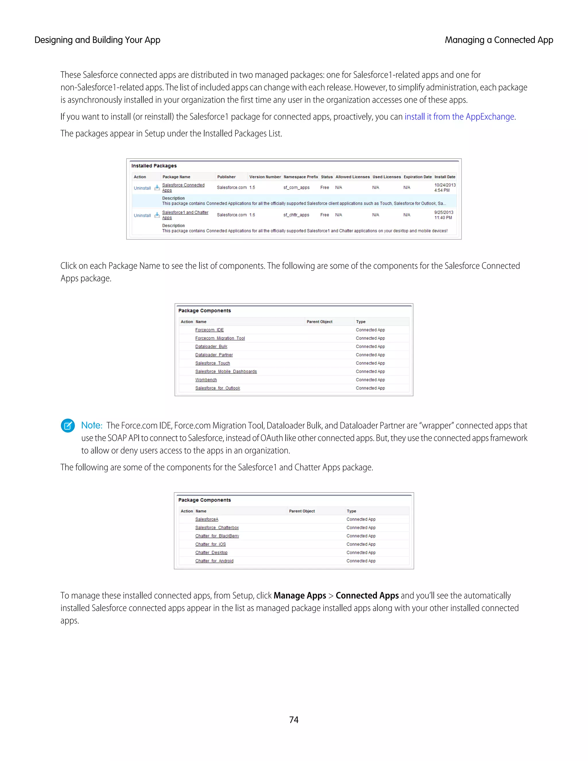 These Salesforce connected apps are distributed in two managed packages: one for Salesforce1-related apps and one for
non-Salesforce1-related apps. The list of included apps can change with each release. However, to simplify administration, each package
is asynchronously installed in your organization the first time any user in the organization accesses one of these apps.
If you want to install (or reinstall) the Salesforce1 package for connected apps, proactively, you can install it from the AppExchange.
The packages appear in Setup under the Installed Packages List.
Click on each Package Name to see the list of components. The following are some of the components for the Salesforce Connected
Apps package.
Note: The Force.com IDE, Force.com Migration Tool, Dataloader Bulk, and Dataloader Partner are “wrapper” connected apps that
usetheSOAPAPItoconnecttoSalesforce,insteadofOAuthlikeotherconnectedapps.But,theyusetheconnectedappsframework
to allow or deny users access to the apps in an organization.
The following are some of the components for the Salesforce1 and Chatter Apps package.
To manage these installed connected apps, from Setup, click Manage Apps > Connected Apps and you’ll see the automatically
installed Salesforce connected apps appear in the list as managed package installed apps along with your other installed connected
apps.
74
Managing a Connected AppDesigning and Building Your App
 