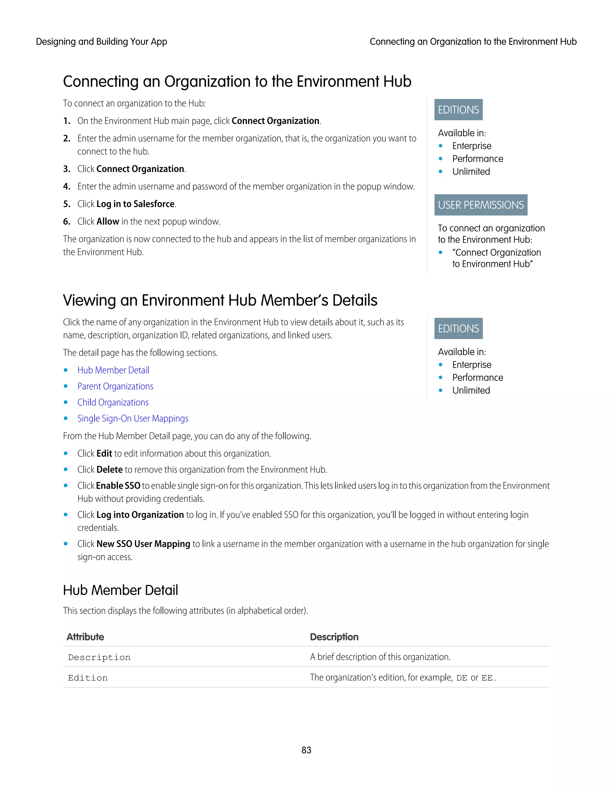 Connecting an Organization to the Environment Hub
EDITIONS
Available in:
• Enterprise
• Performance
• Unlimited
USER PERMISSIONS
To connect an organization
to the Environment Hub:
• “Connect Organization
to Environment Hub”
To connect an organization to the Hub:
1. On the Environment Hub main page, click Connect Organization.
2. Enter the admin username for the member organization, that is, the organization you want to
connect to the hub.
3. Click Connect Organization.
4. Enter the admin username and password of the member organization in the popup window.
5. Click Log in to Salesforce.
6. Click Allow in the next popup window.
The organization is now connected to the hub and appears in the list of member organizations in
the Environment Hub.
Viewing an Environment Hub Member’s Details
EDITIONS
Available in:
• Enterprise
• Performance
• Unlimited
Click the name of any organization in the Environment Hub to view details about it, such as its
name, description, organization ID, related organizations, and linked users.
The detail page has the following sections.
• Hub Member Detail
• Parent Organizations
• Child Organizations
• Single Sign-On User Mappings
From the Hub Member Detail page, you can do any of the following.
• Click Edit to edit information about this organization.
• Click Delete to remove this organization from the Environment Hub.
• ClickEnableSSOtoenablesinglesign-onforthisorganization.ThisletslinkeduserslogintothisorganizationfromtheEnvironment
Hub without providing credentials.
• Click Log into Organization to log in. If you’ve enabled SSO for this organization, you’ll be logged in without entering login
credentials.
• Click New SSO User Mapping to link a username in the member organization with a username in the hub organization for single
sign-on access.
Hub Member Detail
This section displays the following attributes (in alphabetical order).
DescriptionAttribute
A brief description of this organization.Description
The organization’s edition, for example, DE or EE.Edition
83
Connecting an Organization to the Environment HubDesigning and Building Your App
 