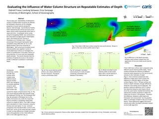 Evaluating the Influence of Water Column Structure on Repeatable Estimates of Depth
Gabriell Fraser, Landung Setiawan, Erica Sampaga
University of Washington, School of Oceanography
Acknowledgements
CARIS, USA
Miles Logsdon, Ph.D.
School of Oceanography, University of Washington
Abstract
The accuracy and repeatability of bathymetric
surveys of shallow water estuaries are affected
by freshwater influences on the changing
properties of sound velocity during the
diurnal tidal exchange. Sound Velocity Profiles
(SVP) characterize the vertical structure of the
water column which dramatically varies both in
space and time. A multibeam sonar survey
using the Kongsberg EM302 was conducted in
the inland fjord of Puget Sound in Washington
State, USA aboard the R/V Thomas G.
Thompson on 27 October 2014. All post
processing of the acoustic backscatter were
completed using CARIS HIPs ver. 8.1 in the
Spatial Analysis Lab at the University of
Washington. Both actual and simulated sound
velocity profiles were applied in series of
recalculated base surfaces to investigate the
impact of stratification in the water column on
the production of an accurate and repeatable
depth estimate. The results illustrate that the
thickness of layered structures in the vertical
profile is reflected in variations in estimated
depth.
Fig. 1 Five meter CUBE base surface using the true sound velocity. Shown in
green is the cross section profile used in Fig 3.
Discussion
Three CUBE base surfaces were computed using
different sound velocity profiles (SVP). These
surfaces illustrate the influence of different
estuarine water properties on the role of sound
velocity to alter estimates of depth
(Fig.1). Cross sectional comparisons and
difference images were used to assess the
difference in selected regions of the base
surface (Figures 3 & 4 ). All base surfaces are
similar in depth estimates, though differences
along the cross section can be observed. The
greatest maximum difference of 8.77 meters
was observed along the outer beams (Fig.4).
Since the outer beams traveled the furthest, the
opportunity of water properties to affect the
travel time of sound is the greatest. Therefore
the difference between a well mixed and
freshwater lens environment has the greatest
affect on estimates of depth in the use of outer
beams. These differences suggest that sound
velocity does affect the depth estimates created
via the CUBE algorithm.
Methods
140
145
150
155
160
165
170
175
0 500 1000 1500 2000 2500
Depth(m)
Distance (m)
TrueSVP
MixedSVP
FreshSVP
Fig. 3 Cross sectional comparison of base surface depth estimates created from the application of true, freshwater, and mixed
sound velocity profiles.
True Depth: 154.57 m
Mixed Depth: 155.10 m
Fresh Depth: 154.37 m
True Depth: 170.46 m
Mixed Depth: 168.53 m
Fresh Depth: 170.40 m
True Depth: 138.24 m
Mixed Depth: 134.95 m
Fresh Depth: 138.24 m
Fig. 4 Difference in the depth estimates
between base surfaces created from the
application of true and mixed sound velocity
profiles.
0
20
40
60
80
100
120
140
160
180
1490 1490.5 1491 1491.5 1492 1492.5 1493 1493.5 1494
Depth(m)
Sound Velocity (m/s)
0
20
40
60
80
100
120
140
160
180
1490 1490.5 1491 1491.5 1492 1492.5 1493 1493.5 1494
Depth(m)
Sound Velocity (m/s)
0
20
40
60
80
100
120
140
160
180
1400 1450 1500 1550 1600
Depth(m)
Sound Velocity (m/s)
Fig. 2a True sound velocity profile
of the in situ values collected on
the R/V Thomas G. Thompson
cruise on 28 October 2014.
Fig. 2b Freshwater simulated
sound velocity of a body of water
containing a freshwater lens
between 0-20 meters.
Fig. 2c Mixed simulated sound
velocity profile of well mixed
water with a sound velocity of
1500 meters per second.
During post
processing, a series
of CUBE base
surfaces were
created using
different Sound
Velocity Profiles
(SVP); each designed
to simulate potential
estuarine water
proprieties. Each
base surface was
queried for depth at fixed locations (Fig .1). The
true sound velocity profile was acquired using
the shipboard CTD (Fig. 2a). The freshwater SVP
(Fig. 2b) simulates a freshwater lens to the
depth of 20 meters (m), while the mixed SVP
(Fig 2c) simulates a completely mixed water
column to a depth of 200 m. The CUBE surfaces
were calculated at 5 meter resolution using the
Density and Local option. A cross sectional
comparison from the North West corner to the
South East corner of the study area was created
in order to show differences in depth estimates
due to the application of the three different
SVPs in the CUBE algorithm (Fig. 3).
 