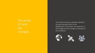 The world
of work
has
changed
The world of work has altered radically in
the past decade thanks to the
globalisation of business, the advance of
technology and the change in attitudes of
the workforce.
 