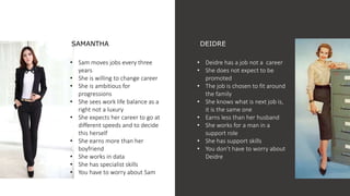 What is it?
• Deidre has a job not a career
• She does not expect to be
promoted
• The job is chosen to fit around
the family
• She knows what is next job is,
it is the same one
• Earns less than her husband
• She works for a man in a
support role
• She has support skills
• You don’t have to worry about
Deidre
• Sam moves jobs every three
years
• She is willing to change career
• She is ambitious for
progressions
• She sees work life balance as a
right not a luxury
• She expects her career to go at
different speeds and to decide
this herself
• She earns more than her
boyfriend
• She works in data
• She has specialist skills
• You have to worry about Sam
SAMANTHA DEIDRE
 