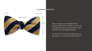 What has
happened?
THE BOWTIE BOMBSHELL
graduates
Middle management
Senior executives
Most companies are strangled by the
bowtie model which demands, and funnels
its brightest people into, specialism at the
expense of future leadership skills.
You don’t fix this by creating generalists at
the bottom. You fix this by working with it.
Breadth
of skills
 