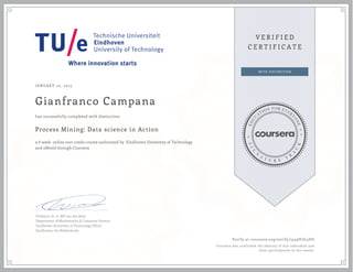 JANUARY 20, 2015
Gianfranco Campana
Process Mining: Data science in Action
a 6 week online non-credit course authorized by Eindhoven University of Technology
and offered through Coursera
has successfully completed with distinction
Professor dr. ir. Wil van der Aalst
Department of Mathematics & Computer Science
Eindhoven University of Technology (TU/e)
Eindhoven, the Netherlands
Verify at coursera.org/verify/3549V7G4DU
Coursera has confirmed the identity of this individual and
their participation in the course.
 