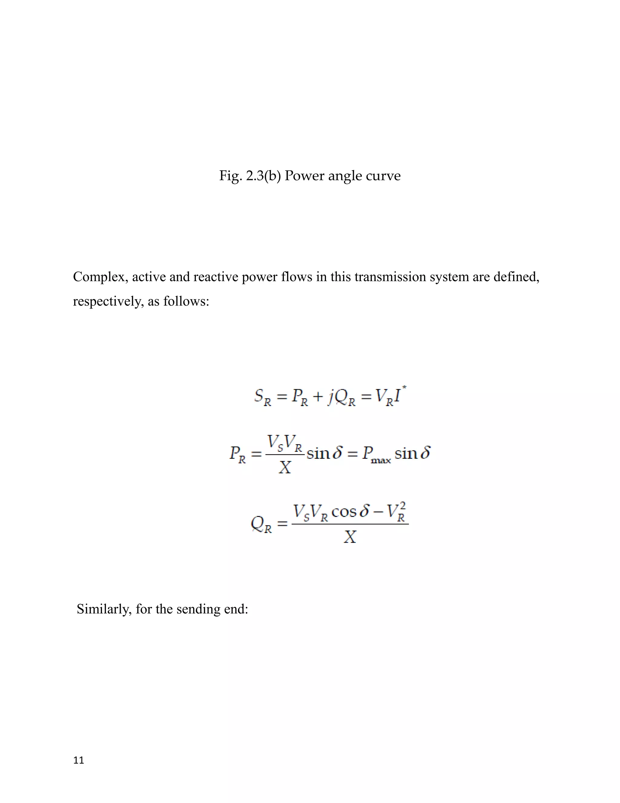 Fig. 2.3(b) Power angle curve
Complex, active and reactive power flows in this transmission system are defined,
respectively, as follows:
Similarly, for the sending end:
11
 