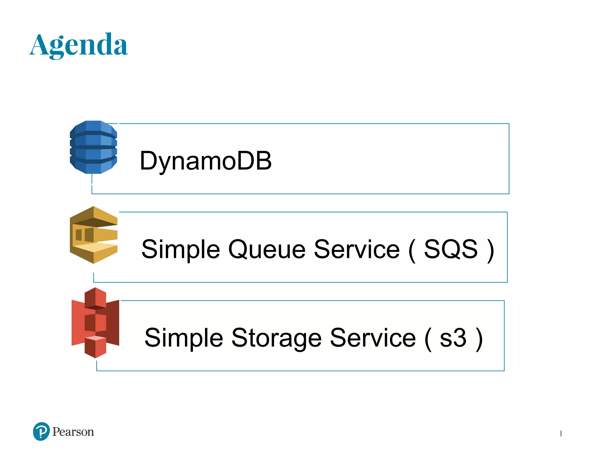 Agenda
DynamoDB
Simple Queue Service ( SQS )
Simple Storage Service ( s3 )
 