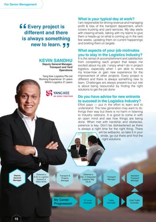 What is your typical day at work?
I am responsible for driving revenue and managing
profit & loss of the transport department, which
covers trucking and yard services. My day starts
with clearing emails, talking with my teams to give
them a heads-up on what is coming up in the next
few weeks, updating them on current happenings
and briefing them on targets.
What aspects of your job motivates
you to stay in the Logistics Industry?
It is the sense of accomplishment and satisfaction
from completing each project that keeps me
excited about my job. I enjoy what I do in project
logistics, especially when I am able to share
my know-how or gain new experience for the
improvement of other projects. Every project is
different and there is always something new to
learn. Challenges are always present but our role
is about being resourceful by finding the right
solutions to get the job done.
Do you have advice for new entrants
to succeed in the Logistics Industry?
Effort pays — put in the effort to learn and to
understand. The new generation may want to do
things their way but there is no harm in listening
to industry veterans. It is good to come in with
an open mind and see how things are being
done. When met with hardship and obstacles,
patience is key. Don’t be disheartened as there
is always a right time for the right thing. There
will be setbacks, so take it in your
stride, go out there and find the
right solutions.
Every project is
different and there
is always something
new to learn.
“ “
KEVIN SANDHU
Deputy General Manager,
Transport and Yard
Operations
Yang Kee Logistics Pte Ltd
Working Experience: 21 years
Within Logistics 21 years
15
For Senior Management
Chief Traffic
Controller
Traffic
Controller
Deputy
General
Manager
Obtained a
B.Sc in Logistics
(Ireland) &
WSQ SOAs
Assistant
Transport
Manager
Transport &
Projects
Manager
Transport
Manager
Obtained a
Dip. in Integrated
Logistics Mgt
(SLA)
“O” Level
Graduate
My Career
Progression
What is your typical day at work?
I am responsible for driving revenue and managing
profit & loss of the transport department, which
covers trucking and yard services. My day starts
with clearing emails, talking with my teams to give
them a heads-up on what is coming up in the next
few weeks, updating them on current happenings
and briefing them on targets.
What aspects of your job motivates
you to stay in the Logistics Industry?
It is the sense of accomplishment and satisfaction
from completing each project that keeps me
excited about my job. I enjoy what I do in project
logistics, especially when I am able to share
my know-how or gain new experience for the
improvement of other projects. Every project is
different and there is always something new to
learn. Challenges are always present but our role
is about being resourceful by finding the right
solutions to get the job done.
Do you have advice for new entrants
to succeed in the Logistics Industry?
Effort pays — put in the effort to learn and to
understand. The new generation may want to do
things their way but there is no harm in listening
to industry veterans. It is good to come in with
an open mind and see how things are being
done. When met with hardship and obstacles,
patience is key. Don’t be disheartened as there
is always a right time for the right thing. There
will be setbacks, so take it in your
stride, go out there and find the
right solutions.
 