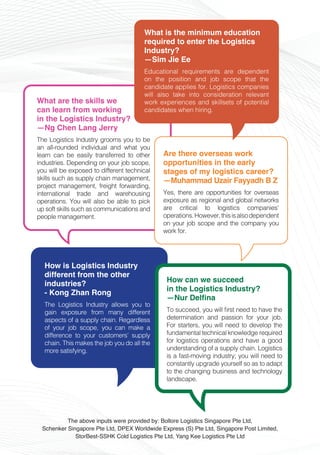 How is Logistics Industry
different from the other
industries?
- Kong Zhan Rong
The Logistics Industry allows you to
gain exposure from many different
aspects of a supply chain. Regardless
of your job scope, you can make a
difference to your customers’ supply
chain. This makes the job you do all the
more satisfying.
What are the skills we
can learn from working
in the Logistics Industry?
—Ng Chen Lang Jerry
The Logistics Industry grooms you to be
an all-rounded individual and what you
learn can be easily transferred to other
industries. Depending on your job scope,
you will be exposed to different technical
skills such as supply chain management,
project management, freight forwarding,
international trade and warehousing
operations. You will also be able to pick
up soft skills such as communications and
people management.
Are there overseas work
opportunities in the early
stages of my logistics career?
—Muhammad Uzair Fayyadh B Z
Yes, there are opportunities for overseas
exposure as regional and global networks
are critical to logistics companies’
operations.However,thisisalsodependent
on your job scope and the company you
work for.
What is the minimum education
required to enter the Logistics
Industry?
—Sim Jie Ee
Educational requirements are dependent
on the position and job scope that the
candidate applies for. Logistics companies
will also take into consideration relevant
work experiences and skillsets of potential
candidates when hiring.
How can we succeed
in the Logistics Industry?
—Nur Delfina
To succeed, you will first need to have the
determination and passion for your job.
For starters, you will need to develop the
fundamental technical knowledge required
for logistics operations and have a good
understanding of a supply chain. Logistics
is a fast-moving industry; you will need to
constantly upgrade yourself so as to adapt
to the changing business and technology
landscape.
The above inputs were provided by: Bollore Logistics Singapore Pte Ltd,
Schenker Singapore Pte Ltd, DPEX Worldwide Express (S) Pte Ltd, Singapore Post Limited,
StorBest-SSHK Cold Logistics Pte Ltd, Yang Kee Logistics Pte Ltd
 