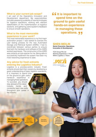 What is your current job scope?
I am part of the Operations Innovation and
Development department. My responsibilities
includes assessing suitability of new technologies
for logistics operations, working with relevant
stakeholders on the implementation of logistics
solutions, and gathering users’/system’s feedback
to ensure smooth operations.
What is the most memorable
experience in your work?
The most memorable experience is my first major
automation project. I was tasked to oversee the
user testing process for the new Automated
Storage and Retrieval System (ASRS). I had to
coordinate between various parties to ensure
that both the hardware and software of the ASRS
worked seamlessly. The construction of the ASRS
was certainly an eye-opener for me. Being able to
successfully implement the system has been my
most rewarding experience to date.
Any advice for fresh entrants
entering the Logistics Industry?
Logistics is a process-centric industry. Fresh
entrants should start their careers by developing a
good understanding of basic logistics operations.
It is important to spend time
on the ground to gain useful
hands-on experience in
managingtheseoperations.
To succeed, you should
stay abreast of the latest
industry trends and
constantly learn new skills
throughout your career in
the industry.
It is important to
spend time on the
ground to gain useful
hands-on experience
in managing these
operations.
“
“
SHEN MEILIN
Senior Executive, Operations
Innovation & Development
YCH Group Pte Ltd
Working Experience: 2 Years
Within Logistics: 2 Years
For Fresh EntrantsFor Fresh Entrants
Obtained
a B.Sc in
Information
Systems (SMU)
Senior
Executive,
Operations
Innovation &
Development
My Career
Progression
Executive,
Operations
 