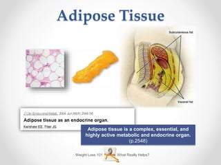 Adipose Tissue
What Really Helps?Weight Loss 101
Adipose tissue is a complex, essential, and
highly active metabolic and endocrine organ.
(p.2548)
 
