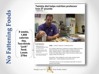 Weight Loss 101 What Really Helps?
8 weeks,
1,800
calories
day,
Two-thirds
“junk”
food,
Loses
27lbs
NoFatteningFoods
 