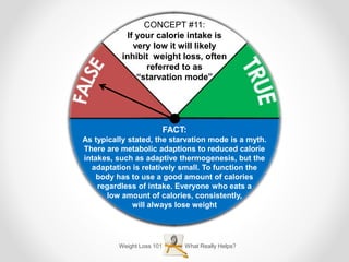 Weight Loss 101 What Really Helps?
CONCEPT #11:
If your calorie intake is
very low it will likely
inhibit weight loss, often
referred to as
“starvation mode”
FACT:
As typically stated, the starvation mode is a myth.
There are metabolic adaptions to reduced calorie
intakes, such as adaptive thermogenesis, but the
adaptation is relatively small. To function the
body has to use a good amount of calories
regardless of intake. Everyone who eats a
low amount of calories, consistently,
will always lose weight
 