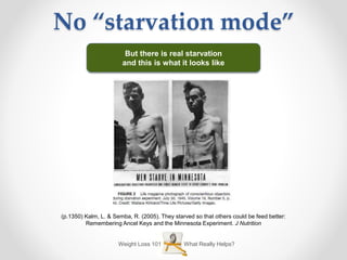 What Really Helps?Weight Loss 101
No “starvation mode”
But there is real starvation
and this is what it looks like
(p.1350) Kalm, L. & Semba, R. (2005). They starved so that others could be feed better:
Remembering Ancel Keys and the Minnesota Experiment. J Nutrition
 