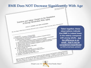 What Really Helps?Weight Loss 101
BMR Does NOT Decrease Significantly With Age
Taken together, these
observations indicate
that BMR is indeed lower
in the elderly compared
with young adults…but
the difference is so
small…that it can be
considered insignificant
(p.658,emphasis added)
 
