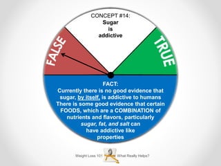 Weight Loss 101 What Really Helps?
CONCEPT #14:
Sugar
is
addictive
FACT:
Currently there is no good evidence that
sugar, by itself, is addictive to humans
There is some good evidence that certain
FOODS, which are a COMBINATION of
nutrients and flavors, particularly
sugar, fat, and salt can
have addictive like
properties
 