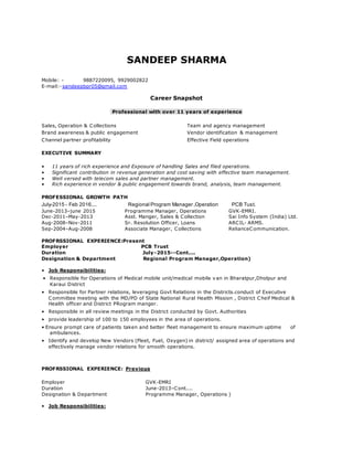SANDEEP SHARMA
Mobile: - 9887220095, 9929002822
E-mail:- sandeepbpr05@gmail.com
Career Snapshot
Professional with over 11 years of experience
Sales, Operation & Collections Team and agency management
Brand awareness & public engagement Vendor identification & management
Channel partner profitability Effective Field operations
EXECUTIVE SUMMARY
• 11 years of rich experience and Exposure of handling Sales and filed operations.
• Significant contribution in revenue generation and cost saving with effective team management.
• Well versed with telecom sales and partner management.
• Rich experience in vendor & public engagement towards brand, analysis, team management.
PROFESSIONAL GROWTH PATH
July-2015 - Feb 2016.... Regional Program Manager ,Operation PCB Tust.
June-2013–june 2015 Programme Manager, Operations GVK-EMRI.
Dec-2011–May-2013 Asst. Manger, Sales & Collection Sai Info System (India) Ltd.
Aug-2008–Nov-2011 Sr. Resolution Officer, Loans ARCIL- ARMS.
Sep-2004–Aug-2008 Associate Manager, Collections RelianceCommunication.
PROFRSSIONAL EXPERIENCE:Present
Employer PCB Trust
Duration July-2015--Cont....
Designation & Department Regional Program Manager,Operation)
• Job Responsibilities:
• Responsible for Operations of Medical mobile unit/medical mobile van in Bharatpur,Dholpur and
Karaui District
• Responsible for Partner relations, leveraging Govt Relations in the Districts.conduct of Executive
Committee meeting with the MD/PD of State National Rural Health Mission , District Cheif Medical &
Health officer and District PRogram manger.
• Responsible in all review meetings in the District conducted by Govt. Authorities
• provide leadership of 100 to 150 employees in the area of operations.
• Ensure prompt care of patients taken and better fleet management to ensure maximum uptime of
ambulances.
• Identify and develop New Vendors (Fleet, Fuel, Oxygen) in district/ assigned area of operations and
effectively manage vendor relations for smooth operations.
PROFRSSIONAL EXPERIENCE: Previous
Employer GVK-EMRI
Duration June-2013–Cont....
Designation & Department Programme Manager, Operations )
• Job Responsibilities:
 