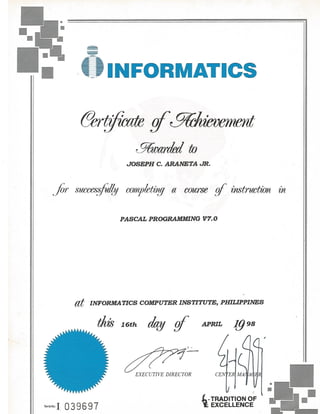 Informatics Certificate of Acheivement for Pascal Programming