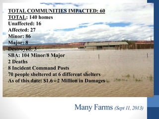 Many Farms (Sept 11, 2013)
TOTAL COMMUNITIES IMPACTED: 60
TOTAL: 140 homes
Unaffected: 16
Affected: 27
Minor: 86
Major: 8
Destroyed: 3
SBA: 104 Minor/8 Major
2 Deaths
8 Incident Command Posts
70 people sheltered at 6 different shelters
As of this date: $1.6 - 2 Million in Damages
 