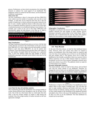 process. Furthermore, we have tried to incorporate a few infographic
elements to enhance the visual appeal of our dashboard. The
dashboard, which we created for the beta release, can be divided into
4 different visualizations.
Time-series tab:
The first visualization is that of a time-series tab from 2000-2014
color coded as per the number of casualties each year due to road
mishaps. A trend that can be observed from this tab is that the
number of deaths due to vehicle collisions has greatly reduced in the
last 14 years. Another significant feature of this time-series tab is
that it is completely interactive and acts as a filter for all of the other
visualizations present in our dashboard making it more intuitive. For
example, just a click on any year in the range 2000-2014 will
automatically update the data present in the map say if, 2004 is
selected it will display stats related to only that specific year.
Figure 3
Map Visualization:
The Map visualization basically provides an overview of all the fatal
crashes that has occurred in the United States in the past 14 years
from 2000-2014. It is color coded as per the total number of people
killed in each state from 2000-2014. As can be clearly seen
California, Texas and Florida are the top three states with respect to
the total number of people killed. On hovering over a particular
state, it gives the statistics about the total number of drivers,
pedestrians, passengers and pedal cyclist killed in that state for the
selected year.
Area Chart for days of week/time analysis:
This visualization provides the distribution of an average number of
crashes during different times throughout a day for all days of the
week. One of the key observations that we could make from this
chart is that the average number of crashes is high during the
weekend. Also, the average number of crashes increases as the time
approaches midnight.
Figure 5
Infographics Visualization:
Infographics are placed in the top row in the dashboard. These info
graphics represent the total number of male, females, drivers,
passengers and pedal cyclists killed in the United States. When a
particular year is selected from the year bar, these info graphics
display the total numbers of each category killed in that year.
2.4. FINAL RELEASE
At the end of the beta release, we had the final dashboard almost
ready. However, there were certain areas where we wanted to
improve our dashboard. One of the things which we wanted to add
was a few lines of text guiding users as to how to use the dashboard
and gain insights from it. Our primary focus was to make the
dashboard as user friendly as possible so that even a person with no
tableau experience can use it. Other features which we wanted to
incorporate was the use of few dynamic infographic elements and a
good color scheme to go with it. The additions which we made for
our final release are as follows
Dynamic Infographic elements:
The initial elements, which we had for beta release, did not blend
well with the colour scheme of our dashboard. Therefore we
changed the icons to better suit our dashboard elements. Along with
the icons we have also made use of dynamic numbers situated below
each icon to further improve the interactivity of the dashboard.
Figure 7
Furthermore, to improve the functionality of our dashboard we have
added a filter to select single or multiple states. This will allow the
user to make multiple selections and further drill down into the
dataset instead of randomly making selections on the map. Lastly,
we have made changes to the formatting of the dashboard elements
and added a line of text at the top of the dashboard to give the user
an idea as to how to use the dashboard. The final dashboard we
created can be seen below
 
