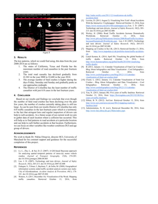 Figure 8
3. RESULTS
The key patterns, which we could find using, this data from the year
2000-2014 are as follows:
1. The states of California, Texas and Florida has the
maximum number of road casualties in the past fourteen
years.
2. The total road casualty has declined gradually from
41,941 in the year 2000 to 32,688 in the year 2014.
3. The average number of fatal crashes is higher during the
days Friday, Saturday and Sunday and gradually peaks as
one approaches midnight.
4. The District of Columbia has the least number of traffic
casualties with just 618 cases in the last fourteen years.
4. CONCLUSION
Based on our results and findings we conclude that even though
the number of fatal road crashes has been declining over the past
few years, the number of crashes currently taking place is still too
large. As can be seen from our results District of Columbia has only
618 traffic casualties in the last fourteen years which is a testimony
to the fact that stringent laws and regular inspection of drivers can
help to curb accidents. As a future scope of our current work we aim
to gather data of each location where a collision has occurred. This
will help us to find patterns in road accidents at a particular location
and can help to curb further accidents at that location. Furthermore,
we can focus on other variables like weather conditions DUI and age
group of drivers.
ACKNOWLEDGEMENTS
We wish to thank Dr. Niklas Elmqvist, director HCI, University of
Maryland for his constant support and guidance for the successful
completion of this project.
REFERENCES
[1] Li, L., Zhu, L., & Sui, D. Z. (2007). A GIS-based Bayesian approach
for analyzing spatial–temporal patterns of intra-city motor vehicle
crashes. Journal of Transport Geography, 15(4), 274-285.
doi:10.1016/j.jtrangeo.2006.08.005
[2] Lee, J. D. (2007). Technology and teen drivers. Journal of Safety
Research, 38(2), 203-213. doi:10.1016/j.jsr.2007.02.008
[3] Erdogan, S., Yilmaz, I., Baybura, T., & Gullu, M. (2008). Geographical
information systems aided traffic accident analysis system case study:
City of Afyonkarahisar. Accident Analysis & Prevention, 40(1), 174-
181. doi:10.1016/j.aap.2007.05.004
[4] Watters, A. (2011, December 16). Visualization of the Week: Mapping
traffic casualties. Retrieved October 13, 2016, from
http://radar.oreilly.com/2011/12/visualization-uk-traffic-
accidents.html
[5] Lavrinc, D. (2013, August 2). Visualizing New York’s Road Accidents
With the Interactive ‘Crashmapper’. Retrieved October 13, 2016, from
https://www.wired.com/2013/08/crashmapper-nyc/Lee, J. D. (2007).
Technology and teen drivers. Journal of Safety Research, 38(2), 203-
213. doi:10.1016/j.jsr.2007.02.008
[6] Worley, H. (2006). Road Traffic Accidents Increase Dramatically
Worldwide. Retrieved October 13, 2016, from
http://www.prb.org/Publications/Articles/2006/RoadTrafficAccidents
IncreaseDramaticallyWorldwide.aspx Lee, J. D. (2007). Technology
and teen drivers. Journal of Safety Research, 38(2), 203-213.
doi:10.1016/j.jsr.2007.02.008
[7] Mapping car Crashes in the UK. (2013). Retrieved October 13, 2016,
from http://www.mapsdata.co.uk/portfolio-items/traffic-accidents-
uk/
[8] Leach Kemon, K. (2014, April 04). Visualizing the global burden of
traffic deaths. Retrieved October 13, 2016, from
http://www.humanosphere.org/global-health/2014/04/visualizing-
traffic-deaths/
[9] R (2012, January 11). Calendar Visualization of Fatal Car Crashes -
Blog About Infographics and Data Visualization - Cool Infographics.
Retrieved October 13, 2016, from
http://www.coolinfographics.com/blog/2012/1/11/calendar-
visualization-of-fatal-car-crashes.html
[10] Clozel, L. (2012, January 11). Calendar Visualization of Fatal Car
Crashes - Blog About Infographics and Data Visualization - Cool
Infographics. Retrieved October 13, 2016, from
http://www.coolinfographics.com/blog/2012/1/11/calendar-
visualization-of-fatal-car-crashes.html
[11] Yau, N. (2013, January 08). Five years of traffic fatalities. Retrieved
October 13, 2016, from https://flowingdata.com/2013/01/08/five-
years-of-traffic-fatalities/
[12] Hilton, B. N. (2012). ArcUser. Retrieved October 13, 2016, from
http://www.esri.com/news/arcuser/0612/mapping-roadway-
fatalities.html
[13] Administration, N. H. (n.d.). Retrieved December 06, 2016, from
http://www-fars.nhtsa.dot.gov/Main/index.aspx
 