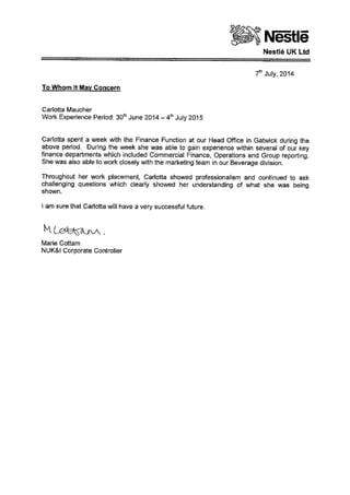 Nestle Recommendation Letter 2014