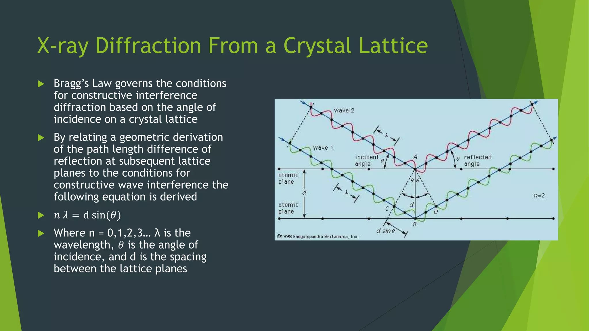 X-ray Diffraction From a Crystal Lattice
 Bragg’s Law governs the conditions
for constructive interference
diffraction based on the angle of
incidence on a crystal lattice
 By relating a geometric derivation
of the path length difference of
reflection at subsequent lattice
planes to the conditions for
constructive wave interference the
following equation is derived
 𝑛 𝜆 = d sin(𝜃)
 Where n = 0,1,2,3… λ is the
wavelength, 𝜃 is the angle of
incidence, and d is the spacing
between the lattice planes
 