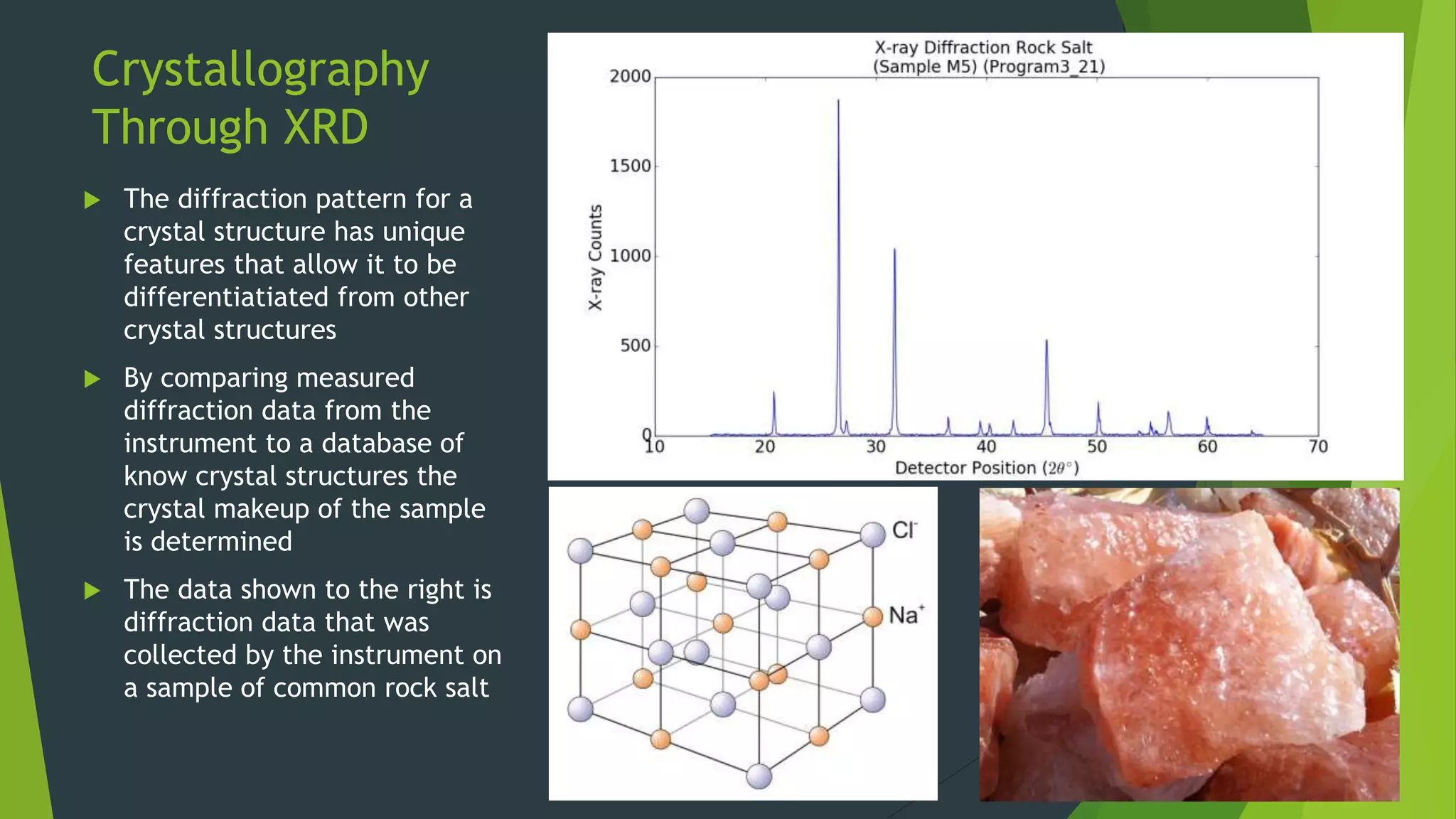 Crystallography
Through XRD
 The diffraction pattern for a
crystal structure has unique
features that allow it to be
differentiatiated from other
crystal structures
 By comparing measured
diffraction data from the
instrument to a database of
know crystal structures the
crystal makeup of the sample
is determined
 The data shown to the right is
diffraction data that was
collected by the instrument on
a sample of common rock salt
 
