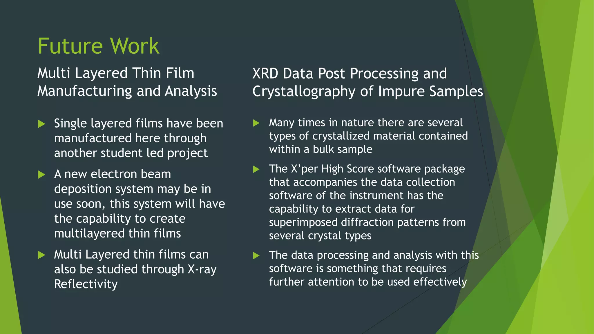 Future Work
Multi Layered Thin Film
Manufacturing and Analysis
 Single layered films have been
manufactured here through
another student led project
 A new electron beam
deposition system may be in
use soon, this system will have
the capability to create
multilayered thin films
 Multi Layered thin films can
also be studied through X-ray
Reflectivity
XRD Data Post Processing and
Crystallography of Impure Samples
 Many times in nature there are several
types of crystallized material contained
within a bulk sample
 The X’per High Score software package
that accompanies the data collection
software of the instrument has the
capability to extract data for
superimposed diffraction patterns from
several crystal types
 The data processing and analysis with this
software is something that requires
further attention to be used effectively
 