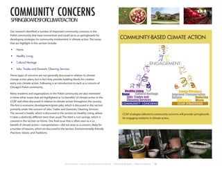 Environment, Culture, and Conservation (ECCo) • The Field Museum • Research Report 13
Our research identified a number of important community concerns in the
Polish community that have momentum and could serve as springboards for
developing strategies for community involvement in climate action. The issues
that we highlight in this section include:
•	 Home
•	 Healthy Living
•	 Cultural Heritage
•	 Jobs: Trades and Domestic Cleaning Services
These types of concerns are not generally discussed in relation to climate
change action plans, but in fact they provide building blocks for creative
entry into climate action. Following is an introduction to each as a concern of
Chicago’s Polish community.
Many residents and organizations in the Polish community are also interested
in three other issues that are highlighted as“co-benefits”of climate action in the
CCAP and often discussed in relation to climate action throughout the country.
The first is economic development/green jobs, which is discussed in this section
primarily under the concern of Jobs: Trades and Domestic Cleaning Services.
The second is health, which is discussed in the section on Healthy Living, where
it takes a distinctly different twist than usual. The third is cost savings, which is
covered in the section on Home. One final issue that is often seen as a co-
benefit of climate action—transportation—did not arise as a concern, likely for
a number of reasons, which are discussed in the section, Environmentally-friendly
Practices, Values, and Traditions.
community concerns
SPRINGBOARDSFORCLIMATEACTION
ENGAGEMENT
COMMUNITY CONCERNS CCAP STRATEGIES
Jobs: Trades and
Cleaning Services
Cultural HeritageHome
Healthy Living
Reducing
WasteAdaptation
Improved Transportation
Options
Energy Efficiency
COMMUNITY-BASED CLIMATE ACTION
CCAP strategies tailored to community concerns will provide springboards
for engaging residents in climate action.
 