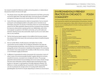 Environment, Culture, and Conservation (ECCo) • The Field Museum • Research Report 23
environmentally-friendly practices,
values, and traditions
Our research revealed the following notable community patterns, in relationship to
the practices listed in the box to the right:
1.	 The climate actions most often reported and observed in the Polish community
are the first eight listed. They align with major community themes of frugality
and agrarian heritage and are also closely related to the CCAP strategies.
2.	 Some of the least reported practices relate to transportation. Even as research
participants acknowledged problems with public transit, most did not see
themselves using their cars any less in the future. There are a set of interrelated
reasons for this. Wide population dispersal and the consequent long commutes
for many are a disincentive to giving up their cars. Additionally, some of the
most popular occupations in the Polish community, such as the trades and
domestic cleaning services discussed earlier, require use of a car to reach client
sites or carry materials.
3.	 The fact that buying organic appears in the middle of the list points towards
the common theme that many in the community are drawn to healthy living but
wary of high costs.
4.	 Even at number fifteen, retrofit measures rank higher than in other
communities we have studied. This can likely be attributed to the high rate
of homeownership among Poles, many of whom are concerned about rising
energy bills and are in the position to weatherize their property.The community
also includes many trades people with an ability to offer these services, making
a nice fit between supply and demand.
5.	 A difference in generational mindset characterizes the community, in terms of
what it means to be environmentally friendly. Frugality, defined as not being
wasteful of resources, resonated more strongly with seniors. The younger
generation demonstrated more knowledge and concern about climate change
and were more enthusiastic and less skeptical about purchasing and using
products to“go green”or participating in formally organized initiatives. This
difference is nicely exemplified by one household in which the grandmother
uses the recycling bin for storage (a form of recycling itself) whereas the
granddaughter uses the bin to recycle, depositing its contents at a local church.
ENVIRONMENTALLY-FRIENDLY
PRACTICES IN CHICAGO’S POLISH
COMMUNITY
1.	 Turning off lights, appliances, TV
2.	 Using CFLs (compact fluorescent light bulbs)
3.	 Outdoor recreation/relaxation
4.	 Recycling
5.	 Reusing/re-purposing
6.	 Gardening
7.	 Exchanging or sharing used items
8.	 Using drapes/curtains to control temperature
9.	 Buying local
10.	 Using energy efficient appliances, devices
11.	 Bringing your own shopping bag
12.	 Opening windows (instead of using AC)
13.	 Buying organic
14.	 Beautification (e.g., picking up trash, painting, planting medians)
15.	 Retrofitting homes/buildings (e.g., insulation, new efficient windows,
sealing leaks)
16.	 Repairing instead of replacing broken items
17.	 Walking as transit
18.	 Riding public transit
19.	 Hanging clothes to dry
20.	 Living close to open space/nature
21.	 Preserving historic buildings/places
22.	 Carpooling
23.	 Restoring native plants/habitats (at home or in a natural area)
24.	 Biking as transit
25.	 Using manual instead of power tools
26.	 Capturing or diverting rainwater
27.	 Using renewable energy
28.	 Building green
29.	 Installing a green roof
30.	 Raising chickens
LEAST			 MOST
Environmentally-friendly practices are listed below in order from most to
least reported by residents and representatives of businesses, schools,
and community organizations. Many reflect inherent community values
that can serve as building blocks for further involving residents in CCAP
implementation.
 