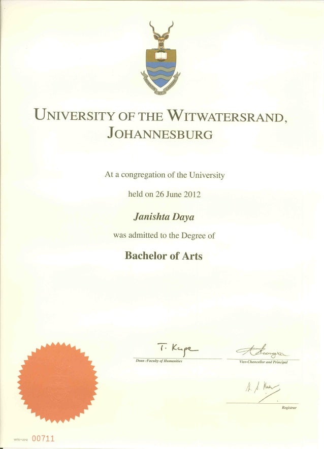 Wits University Degree Certificate University Witwatersrand Africa
