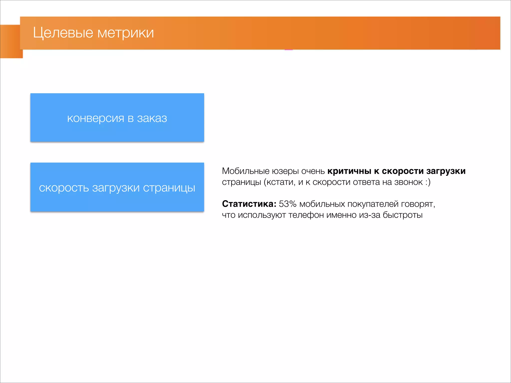 Целевые метрики 
конверсия в заказ 
скорость загрузки страницы 
Мобильные юзеры очень критичны к скорости загрузки - 
страницы (кстати, и к скорости ответа на звонок :) 
! 
Статистика: 53% мобильных покупателей говорят, 
что используют телефон именно из-за быстроты 
 