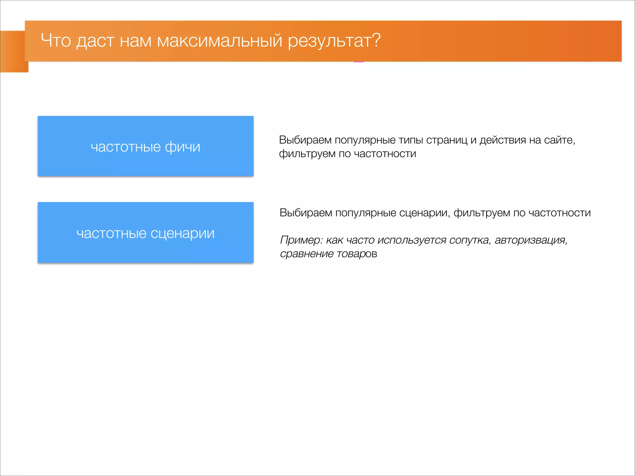 Что даст нам максимальный результат? 
частотные фичи 
частотные сценарии 
Выбираем популярные типы страниц и действия на сайте, 
фильтруем по частотности 
Выбираем популярные сценарии, фильтруем по частотности 
! 
Пример: как часто используется сопутка, авторизвация, 
сравнение товаров 
 