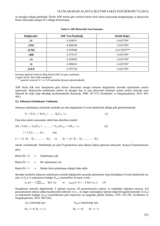 ULUSLARARASI ALANYA İŞLETME FAKÜLTESİ DERGİSİ 7/2 (2015)
231
ise durağan olduğu görülüştür. Özetle ADF testine göre serilerin birinci fark işlemi sonucunda durağanlaştığı ve dolayısıyla
birinci dereceden entegre I(1) olduğu bulunmuştur.
Tablo 5: ADF Birim Kök Testi Sonuçları
Değişkenler ADF Test İstatistiği Kritik Değer
∆Y -5.954511 -3.653730*
∆INF -8.880389 -3.653730*
∆LM2 -2.659488 -2.617434***
∆BD -5.275127 -3.653730*
∆S -5.958502 -3.653730*
∆I -5.899433 -3.653730*
∆LEX -5.597756 -3.653730*
Gecikme değerleri Schwarz Bilgi Kriteri (SIC)’ne göre seçilmiştir.
∆ işareti birinci farkı ifade etmektedir.
*, ***
işaretleri sırasıyla % 1 ve %10 anlamlılık düzeyini göstermektedir.
ADF birim kök testi sonuçlarına göre birinci dereceden entegre bulunan değişkenler arasında eştümleşme analizi
yapılmıştır. Dolayısıyla eştümleşme analizi ile durağan dışı ve aynı dereceden tümleşik zaman serileri arasında uzun
dönemli bir ilişki olup olmadığı incelenmektedir (Kennedy, 2006: 367-372; Sevüktekin ve Nargeleçekenler, 2010: 483-
485).
4.2. Johansen Eştümleşme Yaklaşımı
Johansen eştümleşme analizinde modelde yer alan değişkenler (1) nolu denklemde olduğu gibi gösterilmektedir.
Yt = X1Yt-1 + X2Yt-2 + …….XkYt-k + εt (1)
Fark alma işlemi sonucunda vektör hata düzeltme modeli;
∆Yt = Γ∆Yt-1 + Γ2∆Yt-2 + ………. + Γk-1∆Yt-k+1 + ΠYt-1 + εt (2)
i = 1,2,3,……...k-1 için
Γi = - (I - X1 – X2 - ……… - Xi) ve Π = - (I - X1 – X2 - ……… - Xi)
olarak verilmektedir. Denklemde yer alan Π parametresi uzun dönem ilişkiyi gösteren katsayıdır. Kısaca Π parametresine
göre;
Rank (Π) = 0 → Eştümleşme yok,
Rank (Π) = 1 → Bir eştümleşme var,
Rank (Π) > 1 → Birden fazla eştümleşme olduğu ifade edilir.
Buradan hareketle Johansen eştümleşme testinde değişkenler arasında eştümleşme olup olmadığına (3) nolu denklemde yer
alan iz (λiz) ve maksimum özdeğer (λmax) istatistikleri ile karar verilir.
λiz (r) = - T ln(1–λi) ve λmax(r,r+1) = - T ln(1–λr+1) (3)
Hesaplanan istatistik değerlerinde, T gözlem sayısını, rΠ parametresinin rankını, m modeldeki değişken sayısını, λiΠ
parametresinin tahmin edilen karakteristik köklerini ve λr+1 öz değer istatistiğinin tahmini değerlerinigöstermektedir. İz (λiz)
ve maksimum özdeğer (λmax) istatistiklerine göre hipotezler ise aşağıdaki gibidir (Enders, 1995: 385-392; Sevüktekin ve
Nargeleçekenler, 2010: 504-520);
(λiz) istatistiği için; (λmax) istatististiği için;
H0 : r = 0, H1 : r ≥ 1, H0 : r = 0, H1 : r = 1,
 