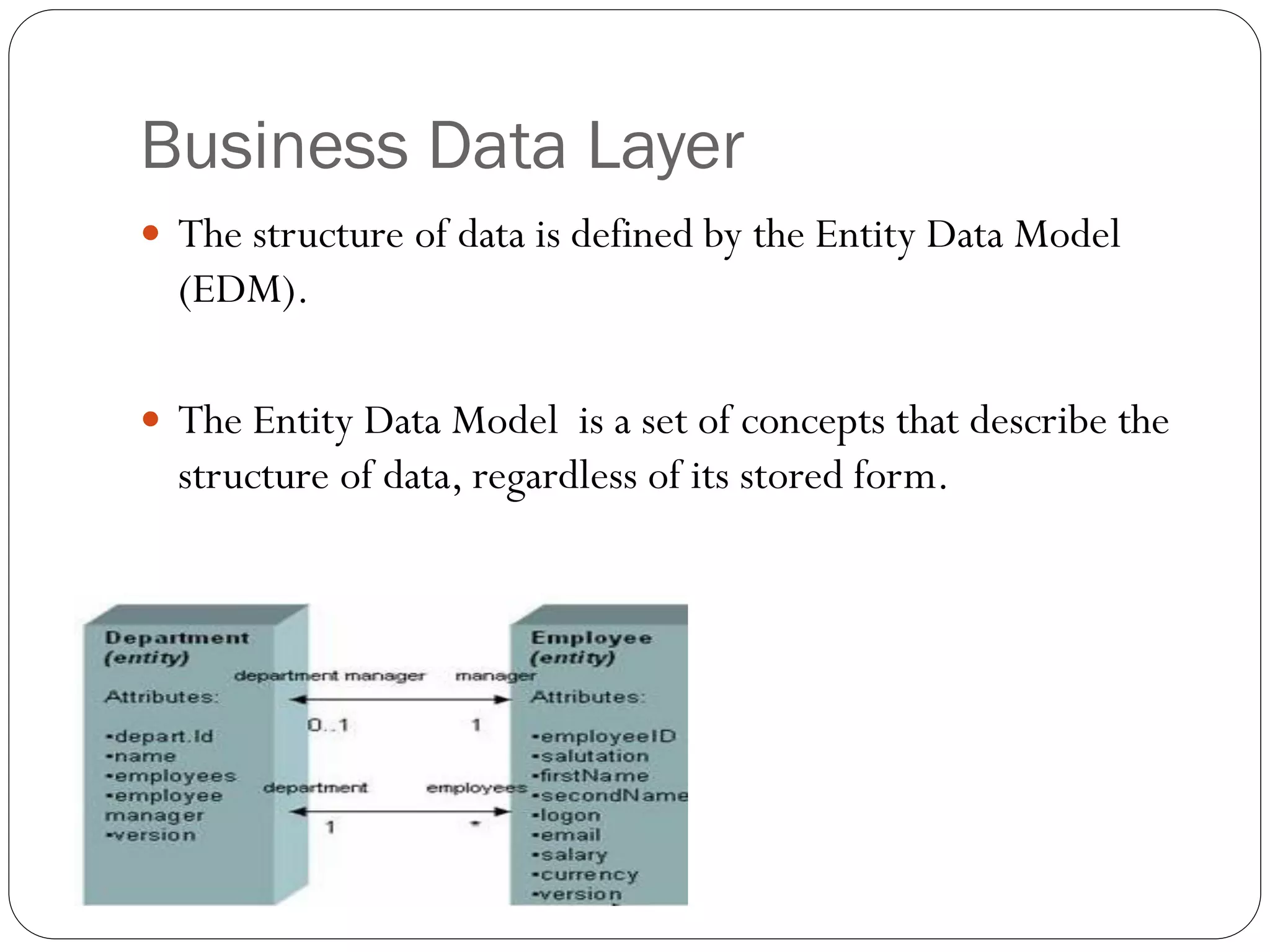 Business Data Layer
 The structure of data is defined by the Entity Data Model
(EDM).
 The Entity Data Model is a set of concepts that describe the
structure of data, regardless of its stored form.
 