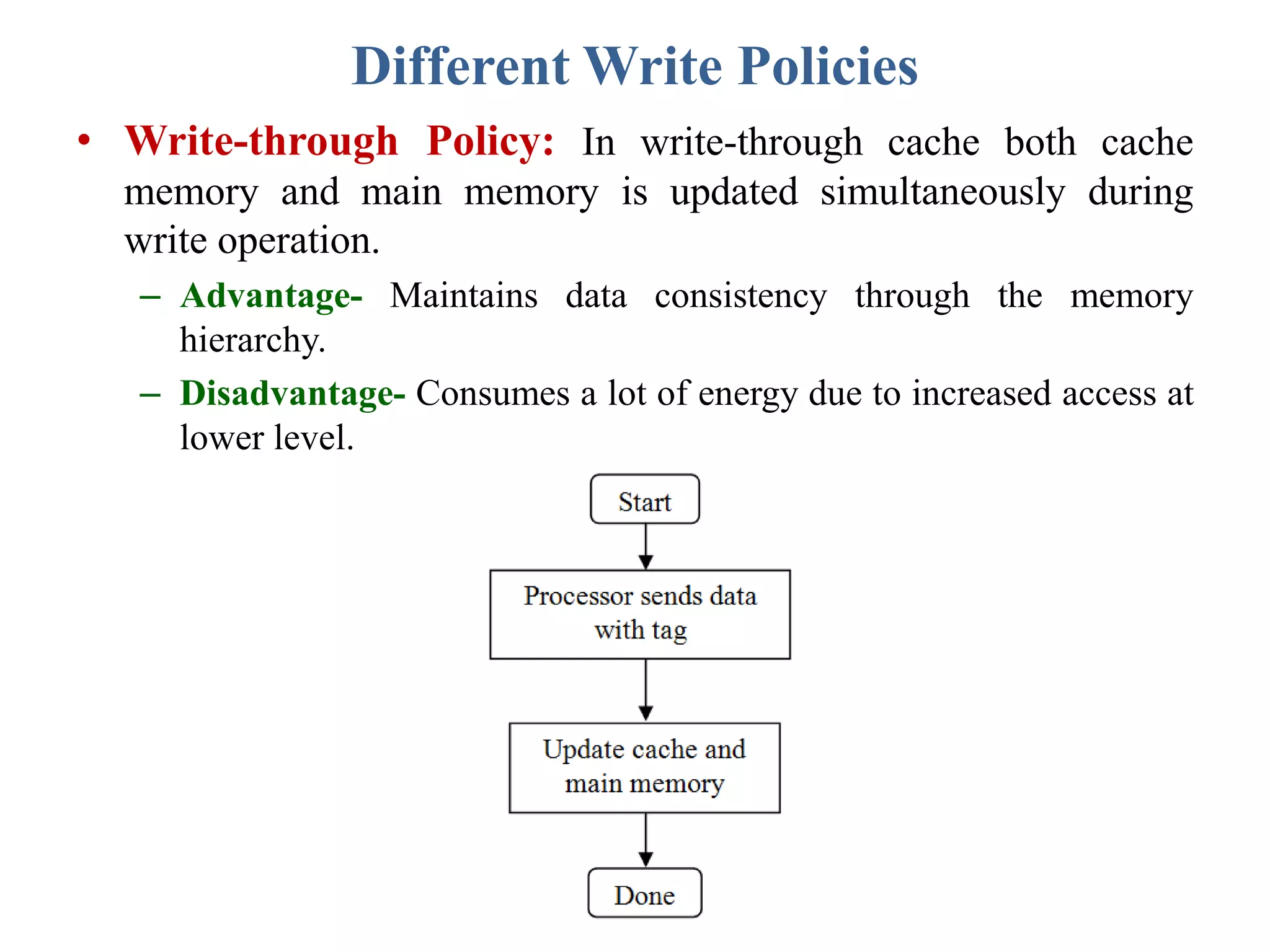 Different Write Policies
• Write-through Policy: In write-through cache both cache
memory and main memory is updated simultaneously during
write operation.
– Advantage- Maintains data consistency through the memory
hierarchy.
– Disadvantage- Consumes a lot of energy due to increased access at
lower level.
 