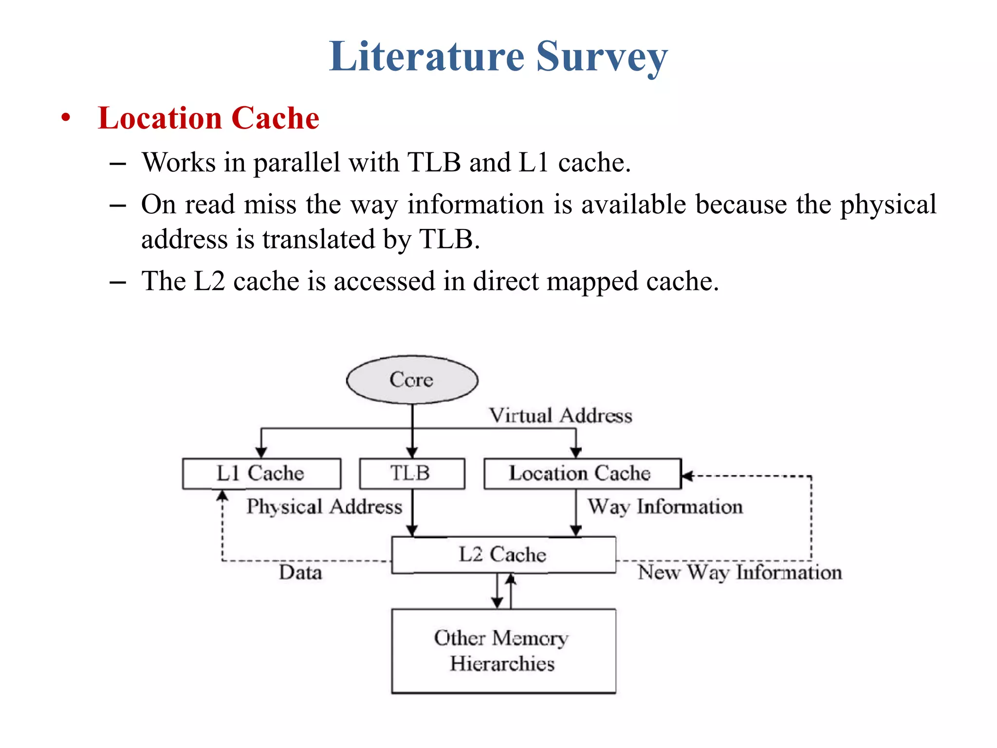 Literature Survey
• Location Cache
– Works in parallel with TLB and L1 cache.
– On read miss the way information is available because the physical
address is translated by TLB.
– The L2 cache is accessed in direct mapped cache.
 